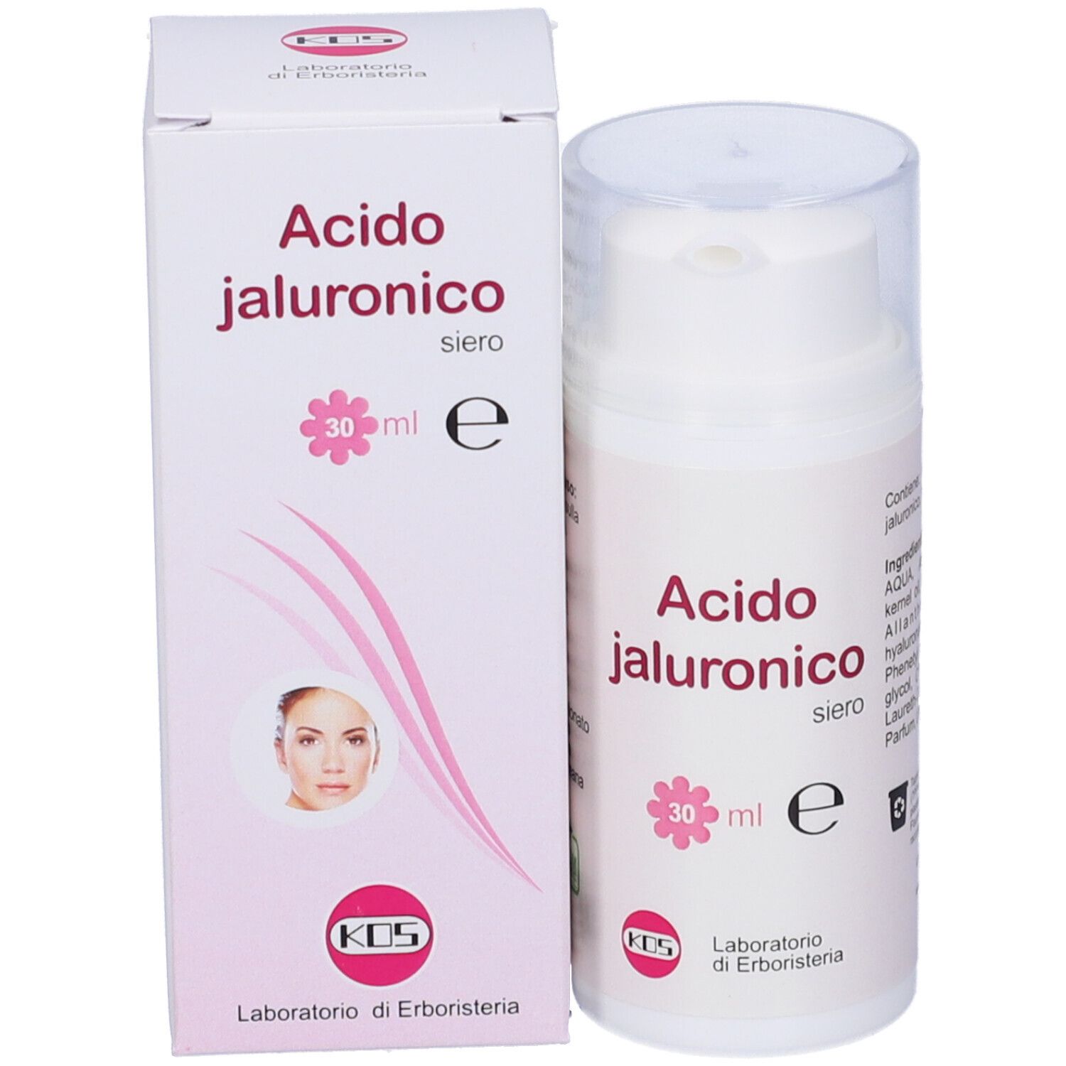 Confezione e flacone. Confezione: cartone bianco con nome del prodotto e logo. Flacone: bianco con tappo a pompa.