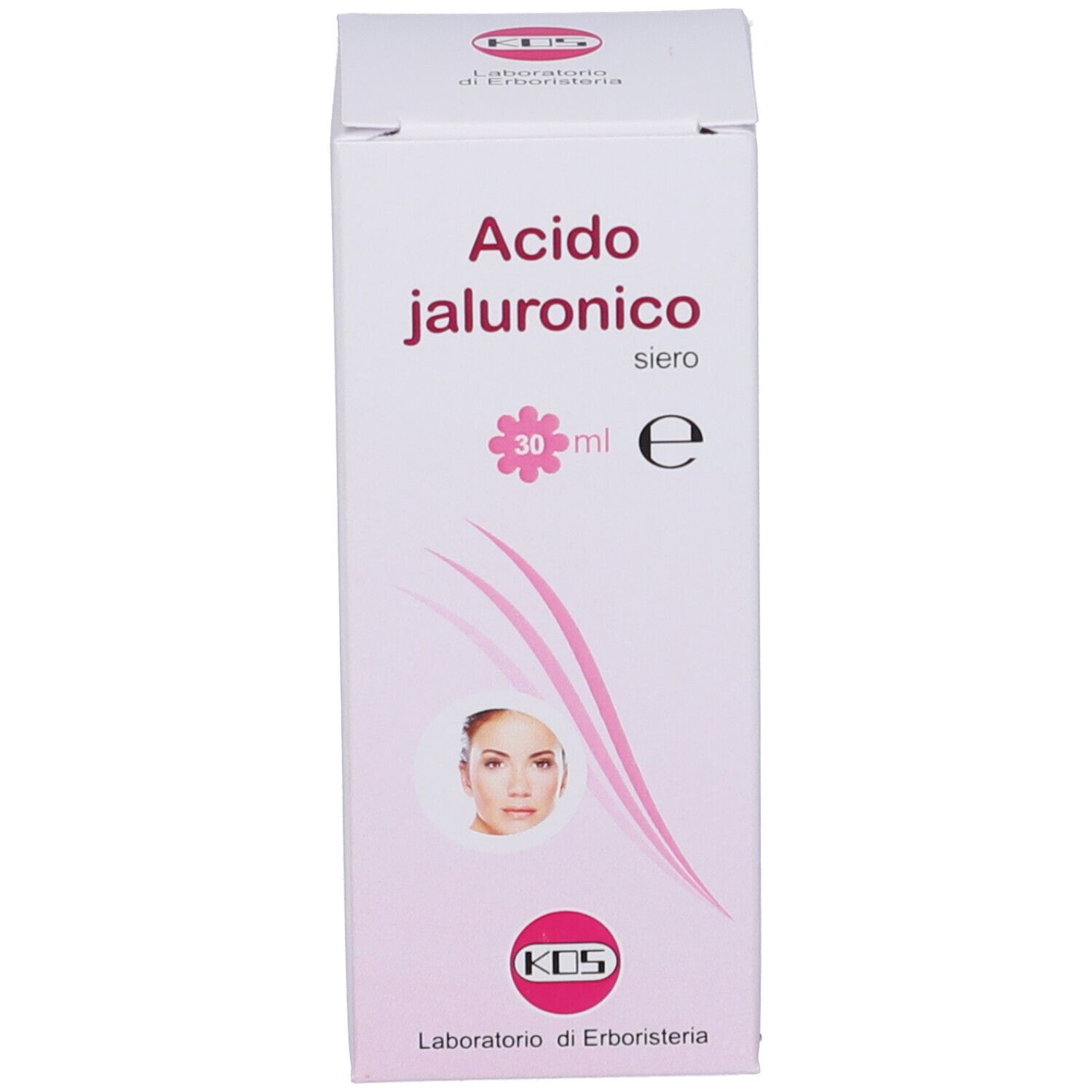 Confezione in cartone bianca con nome del prodotto e logo. Scritta: Acido jaluronico siero. Immagine di un viso.