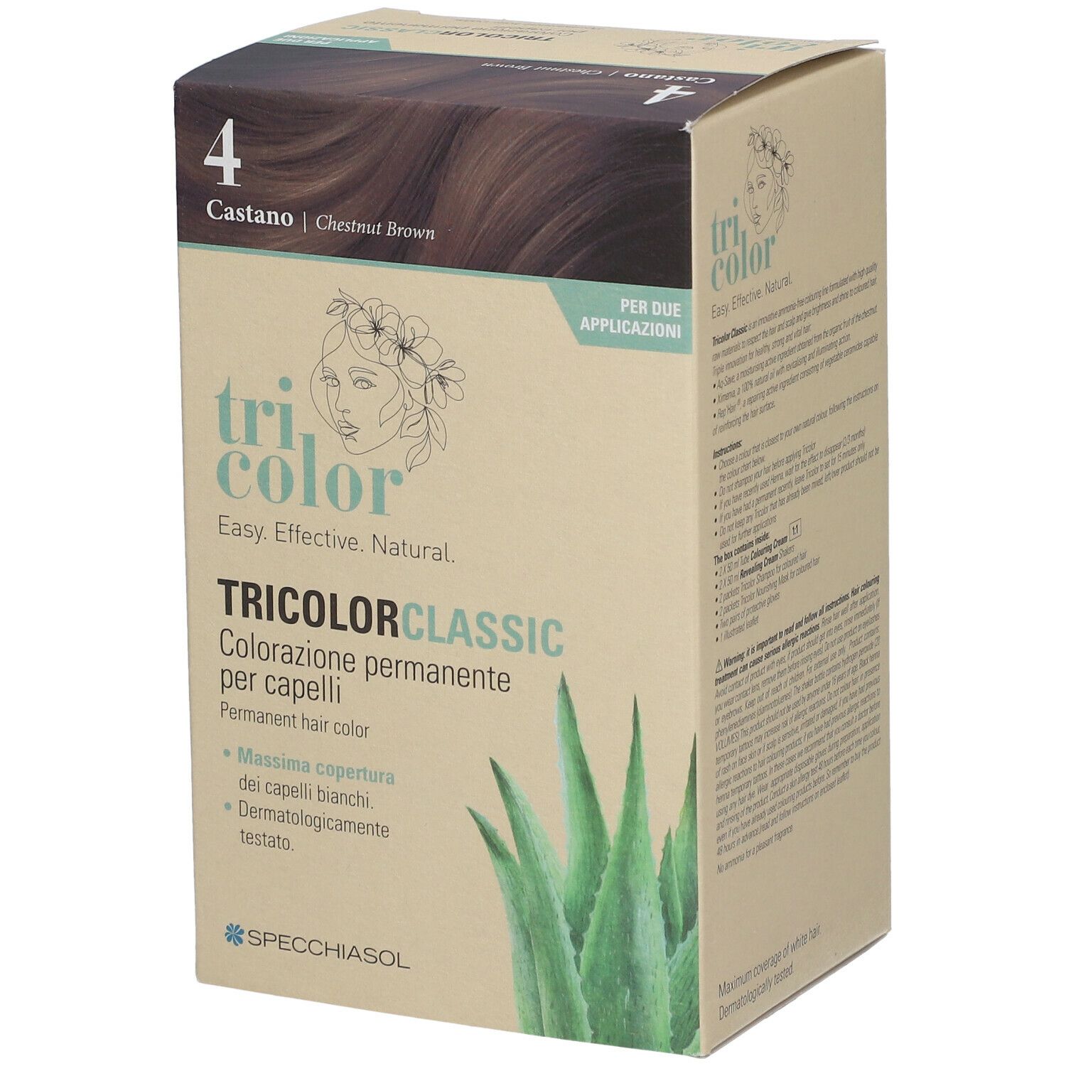 Confezione in cartone per tinture per capelli. Il fronte indica « Tricolor Classic » e « 4 Castano ». Illustrazione di foglia di aloe vera.