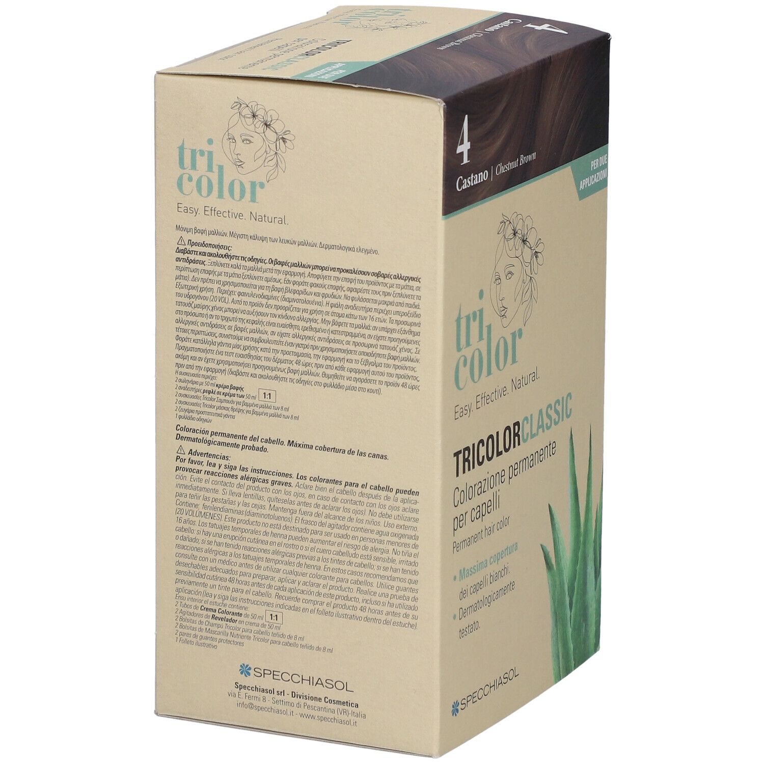 Retro della confezione in cartone per tinture per capelli. Contiene testo e un'illustrazione di foglia di aloe vera. Il prodotto è di Specchiasol.