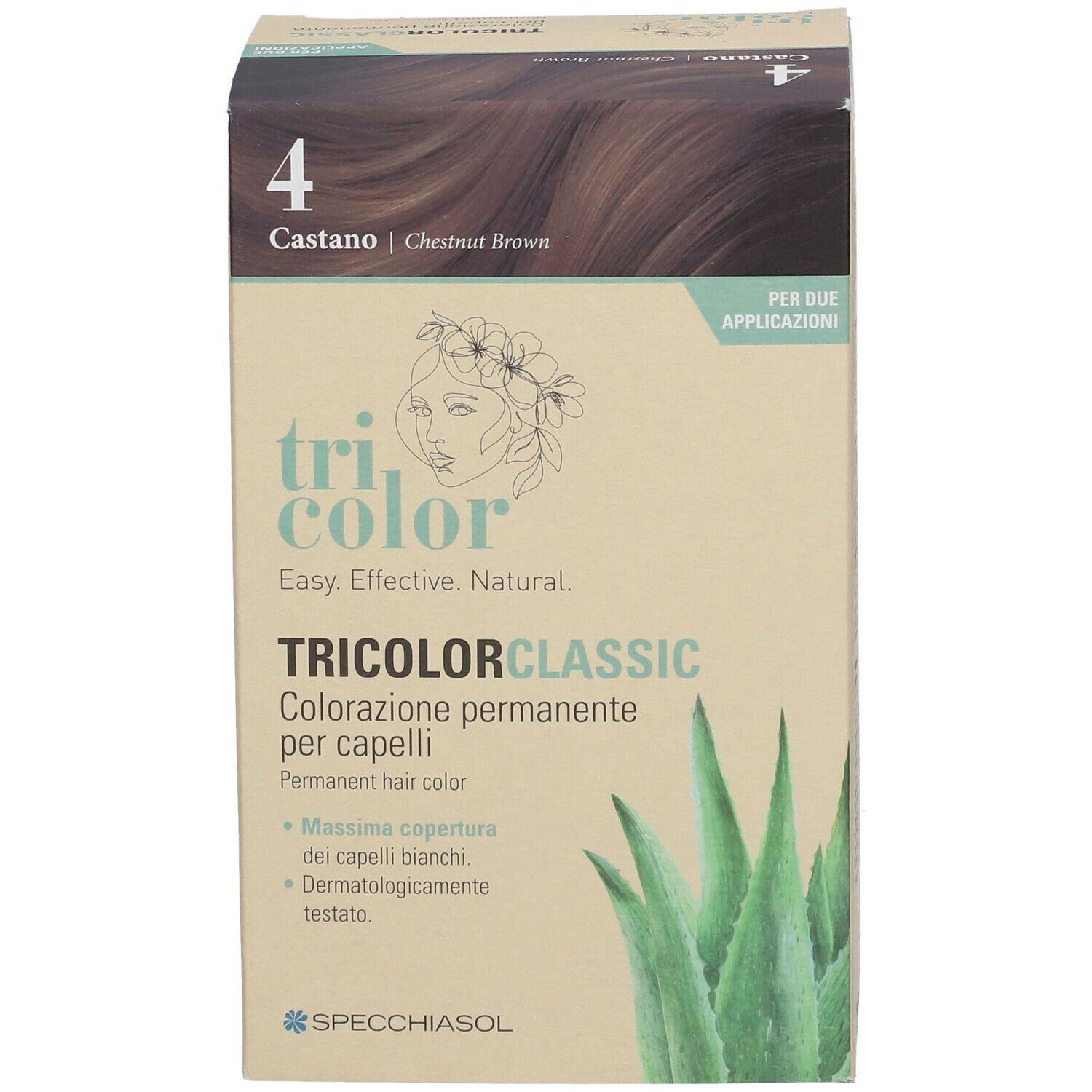 Fronte della confezione in cartone per tinture per capelli. Contiene « Tricolor Classic » e « 4 Castano ». Illustrazione di foglia di aloe vera.