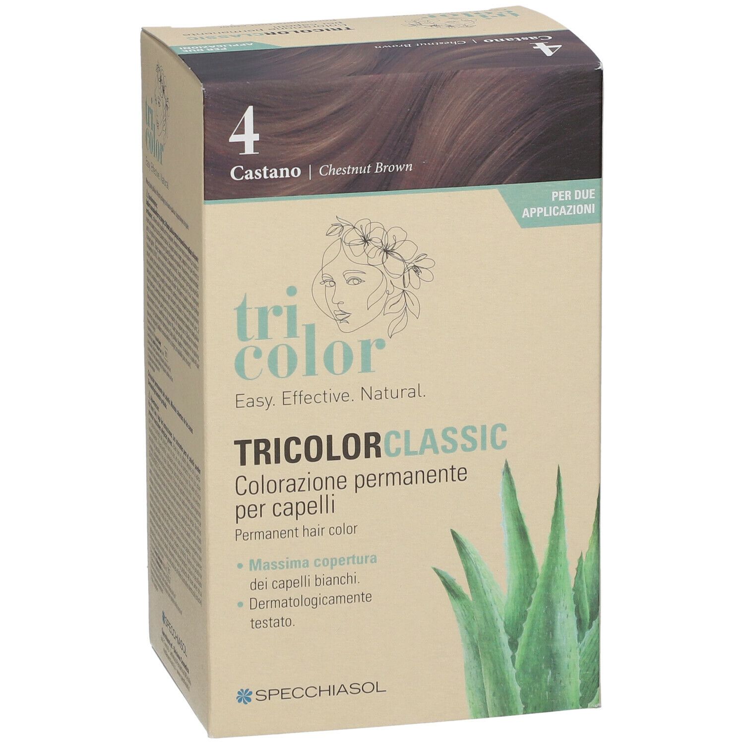 Fronte della confezione in cartone per tinture per capelli. Contiene « Tricolor Classic » e « 4 Castano ». Illustrazione di foglia di aloe vera.