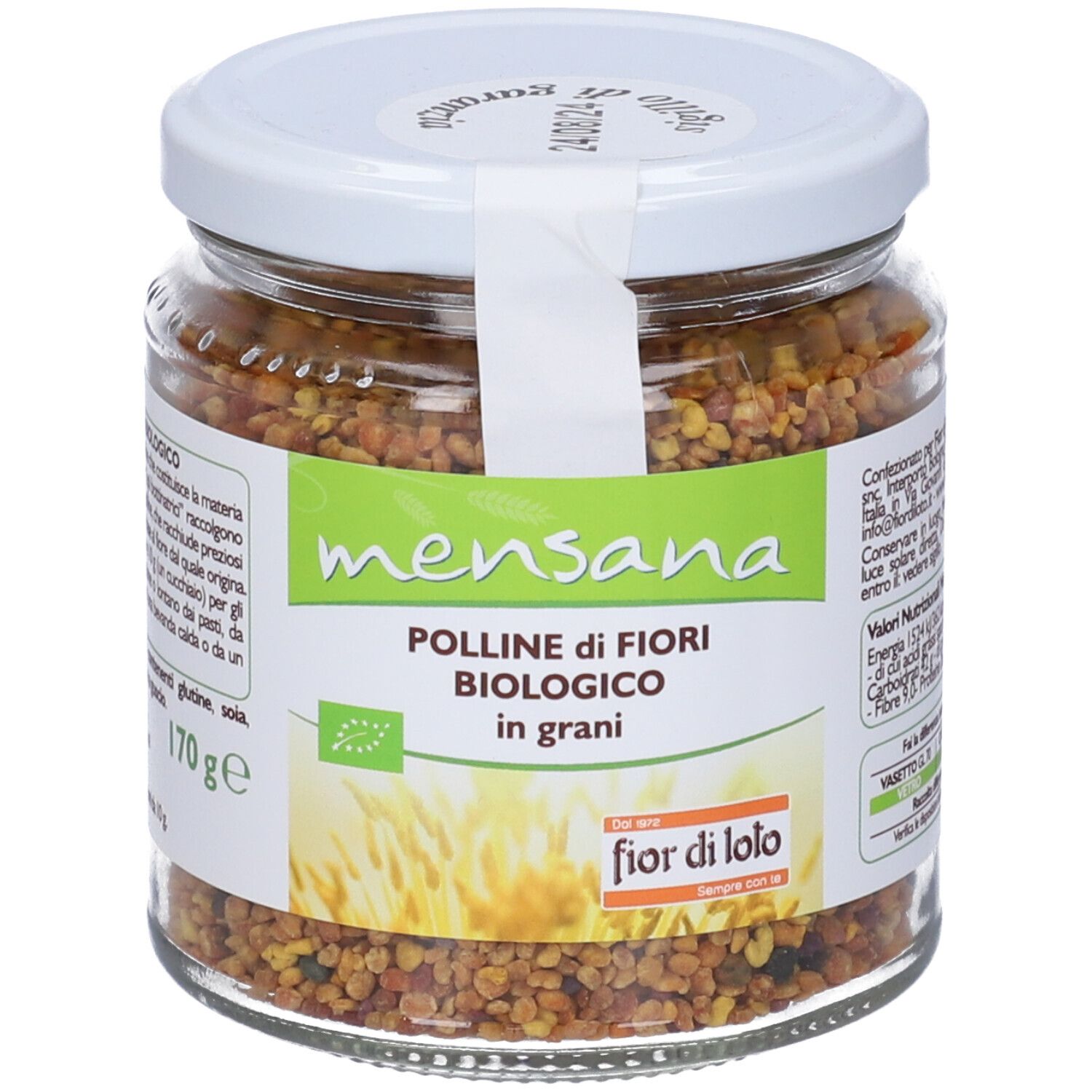 Vasetto di polline in granuli. Etichetta "mensana" e "Polline di fiori biologico". 170g.