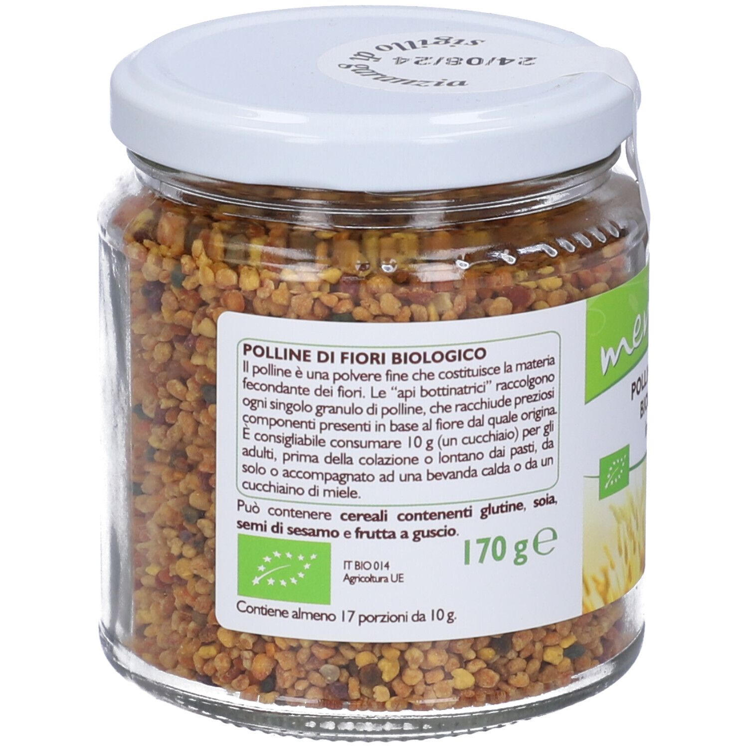 Vasetto di polline in granuli. Etichetta "mensana" e "Polline di fiori biologico". 170g. Certificazione bio.