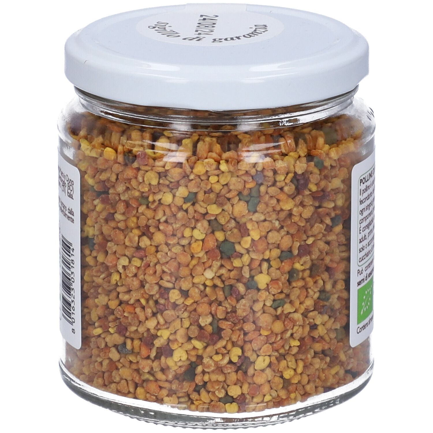 Vasetto di polline in granuli, vista posteriore. Etichetta "Polline di fiori biologico". 170g. Certificazione bio.