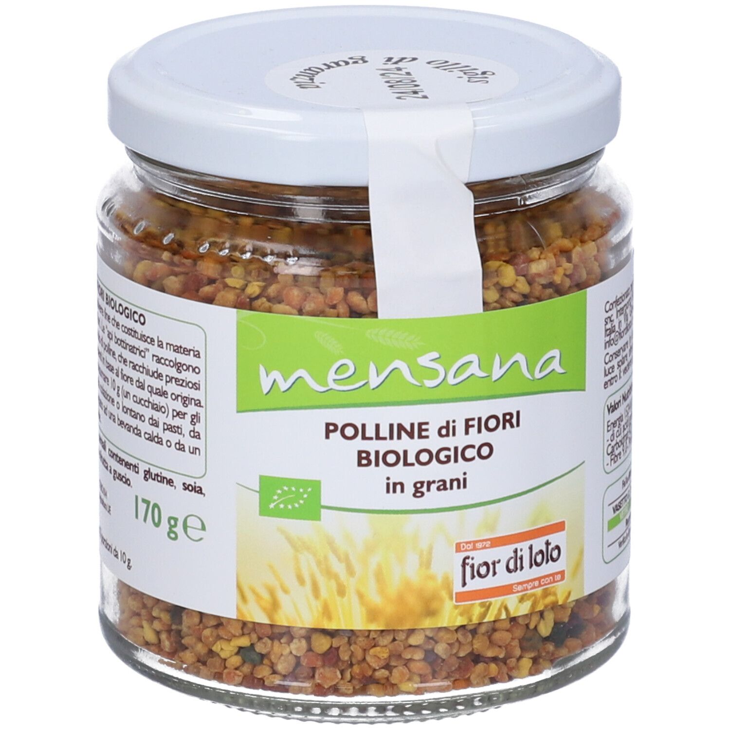 Vasetto di polline in granuli. Etichetta "mensana" e "Polline di fiori biologico". 170g. Certificazione bio.