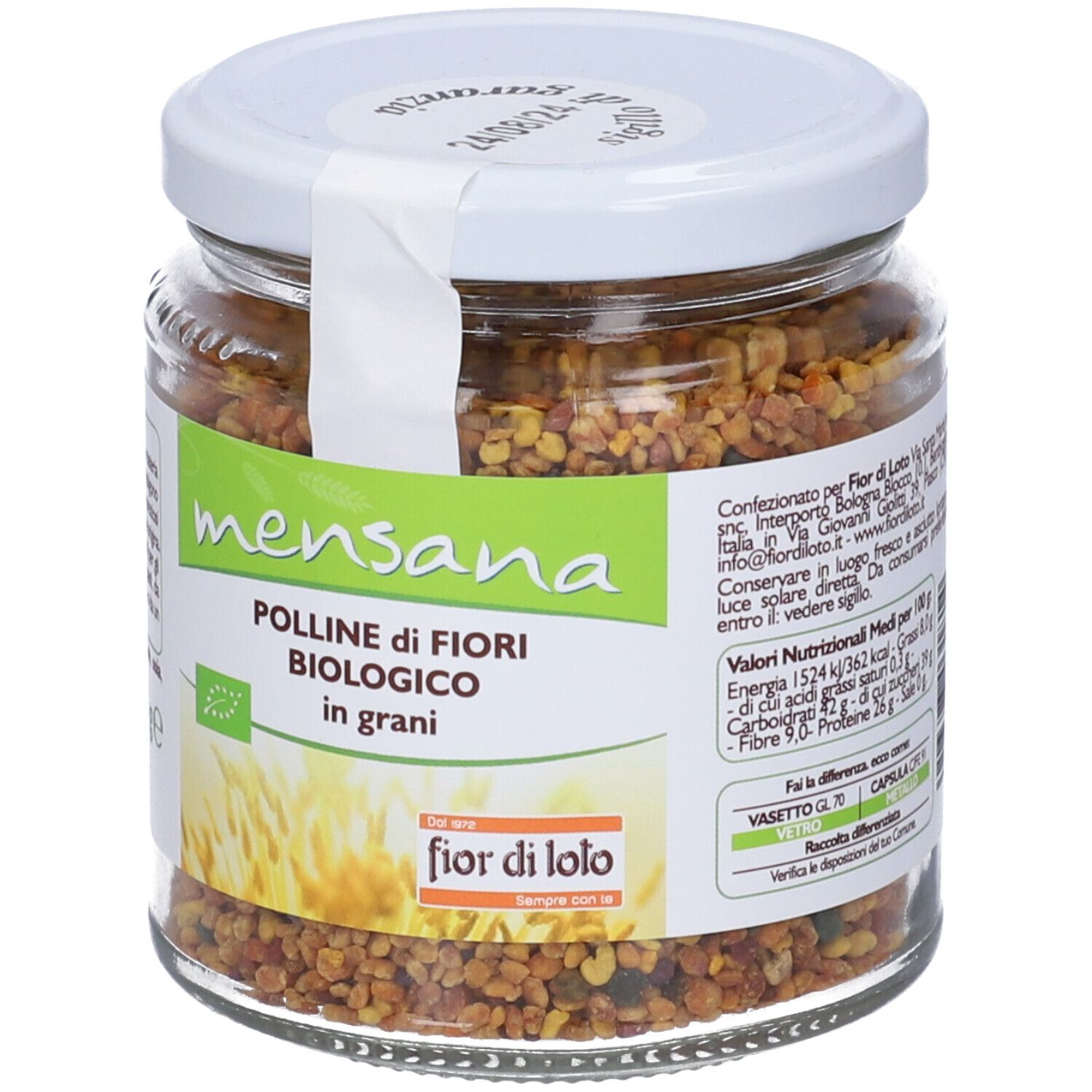 Vasetto di polline in granuli. Etichetta "mensana" e "Polline di fiori biologico". 170g. Certificazione bio.