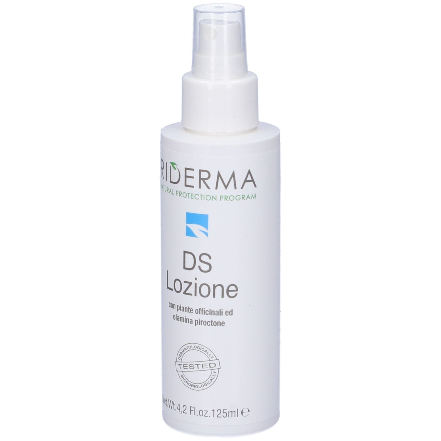 Flacone bianco con vaporizzatore. Scritta: Riderma DS Lozione. Sigillo Testato.