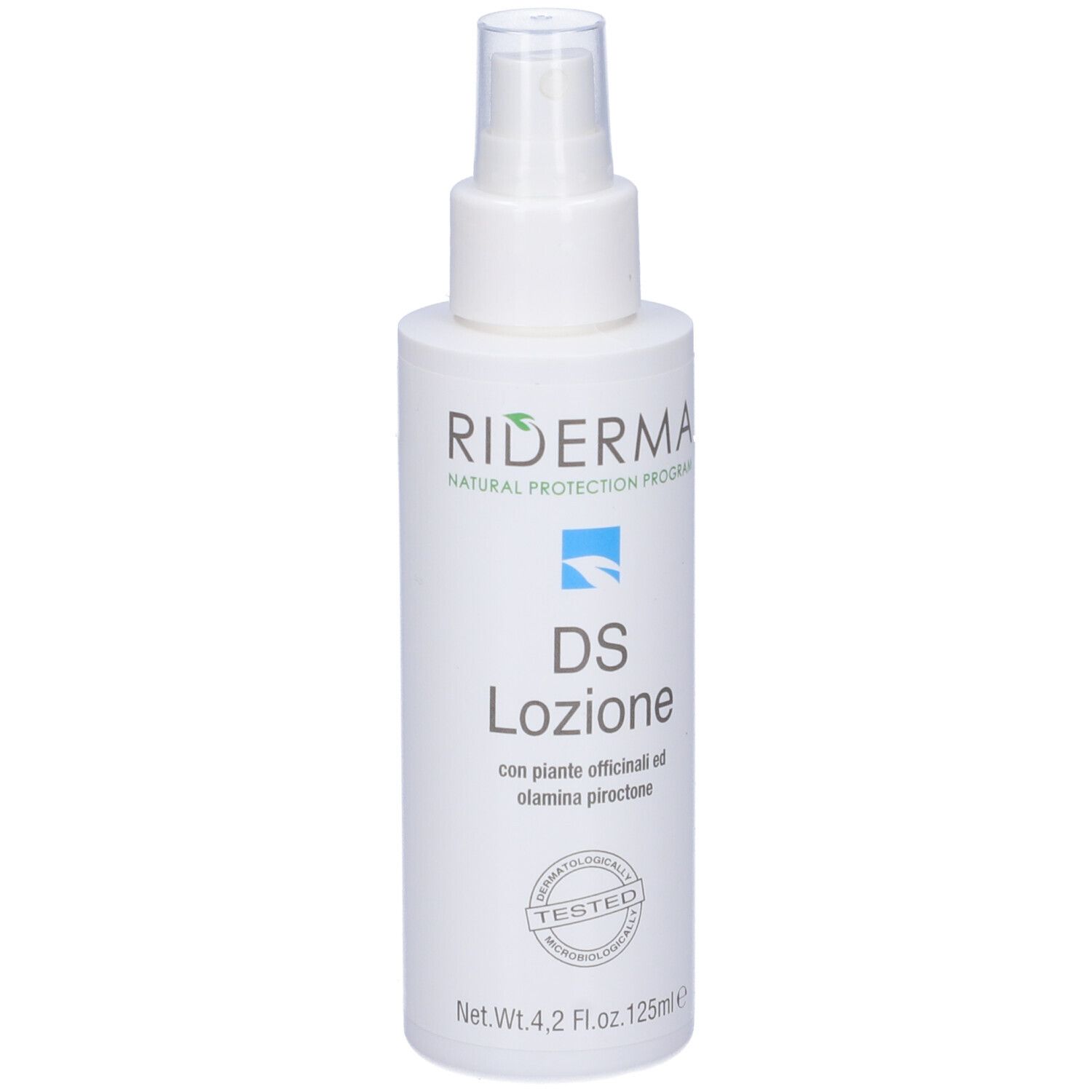 Flacone bianco con vaporizzatore. Scritta: Riderma DS Lozione. Sigillo Testato.