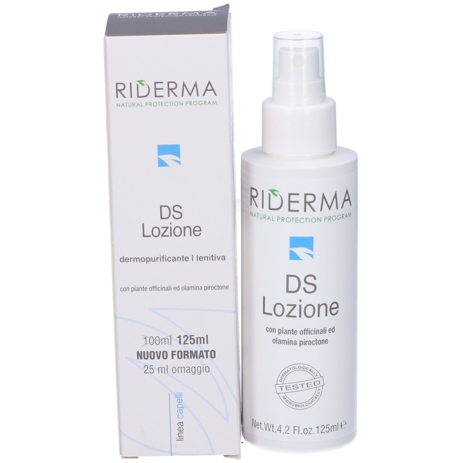 Flacone e confezione del prodotto. Scritta: Riderma DS Lozione. Nuovo formato.