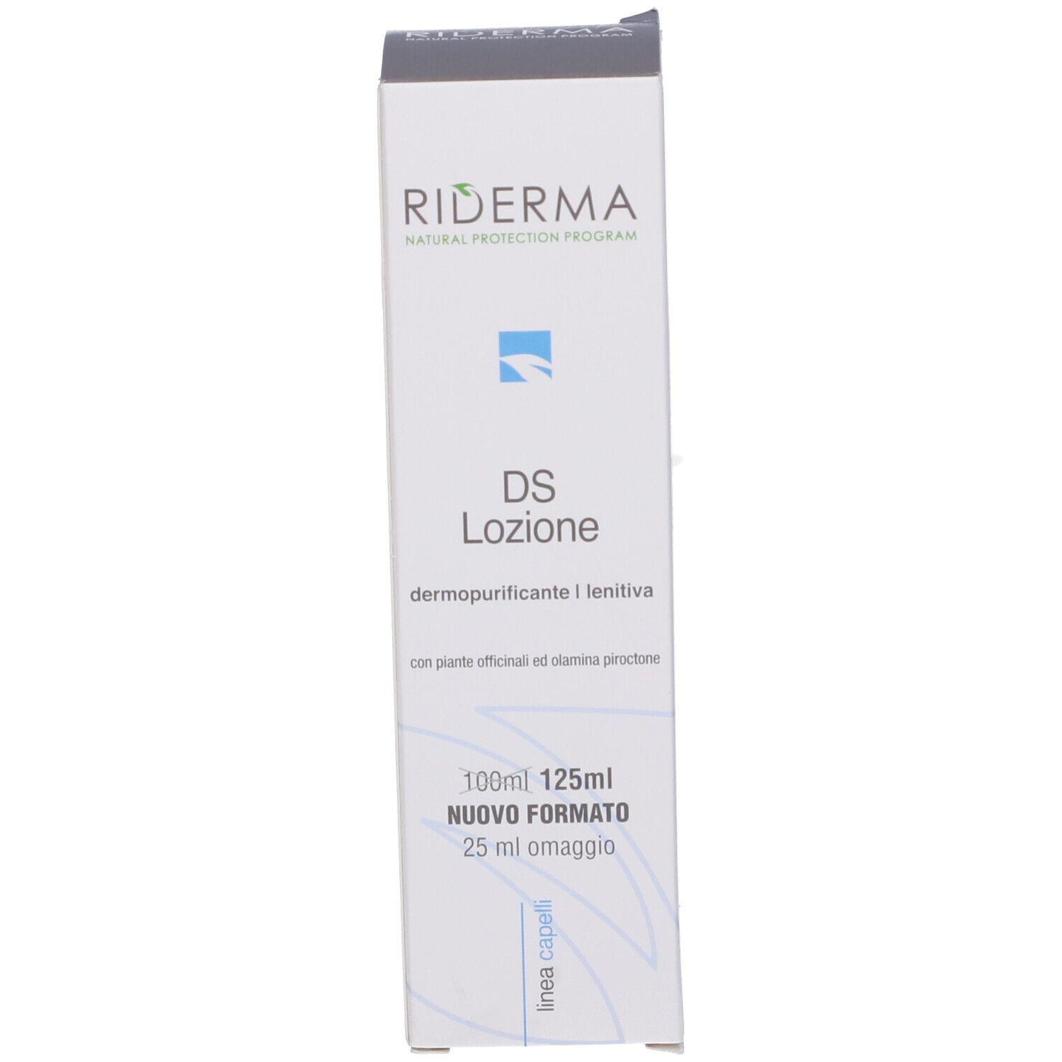 Confezione del prodotto. Scritta: Riderma DS Lozione. Nuovo formato.