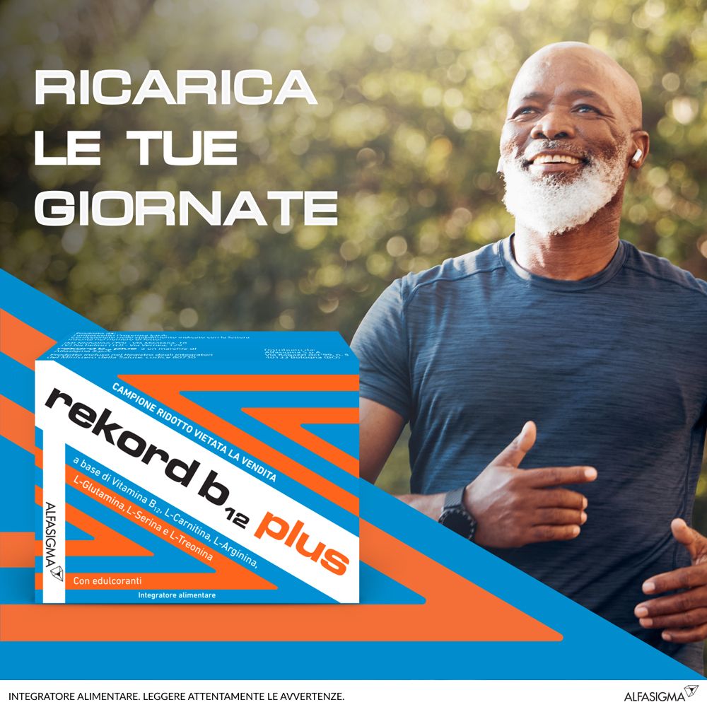 Pubblicità con un uomo che fa jogging in un parco. La scatola « rekord b12 plus » è visibile in primo piano.