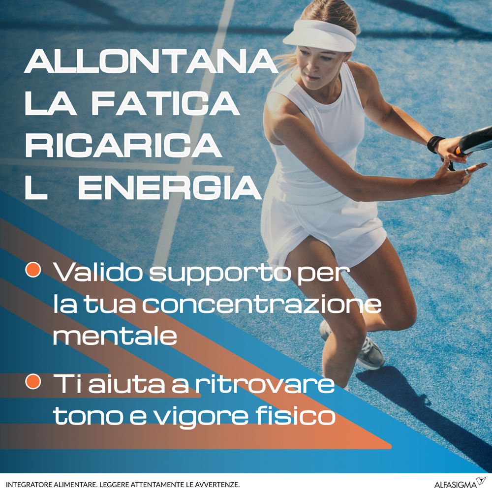Pubblicità con una donna che gioca a tennis. Testo: « Allontana la fatica ricarica l'energia ». Nome del prodotto non visibile.