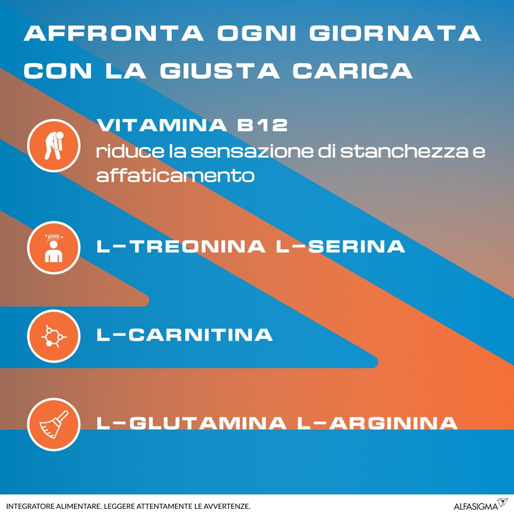 Grafica con testo e simboli. Testo: Vitamina B12, L-treonina L-serina, L-carnitina, L-glutammina L-arginina.
