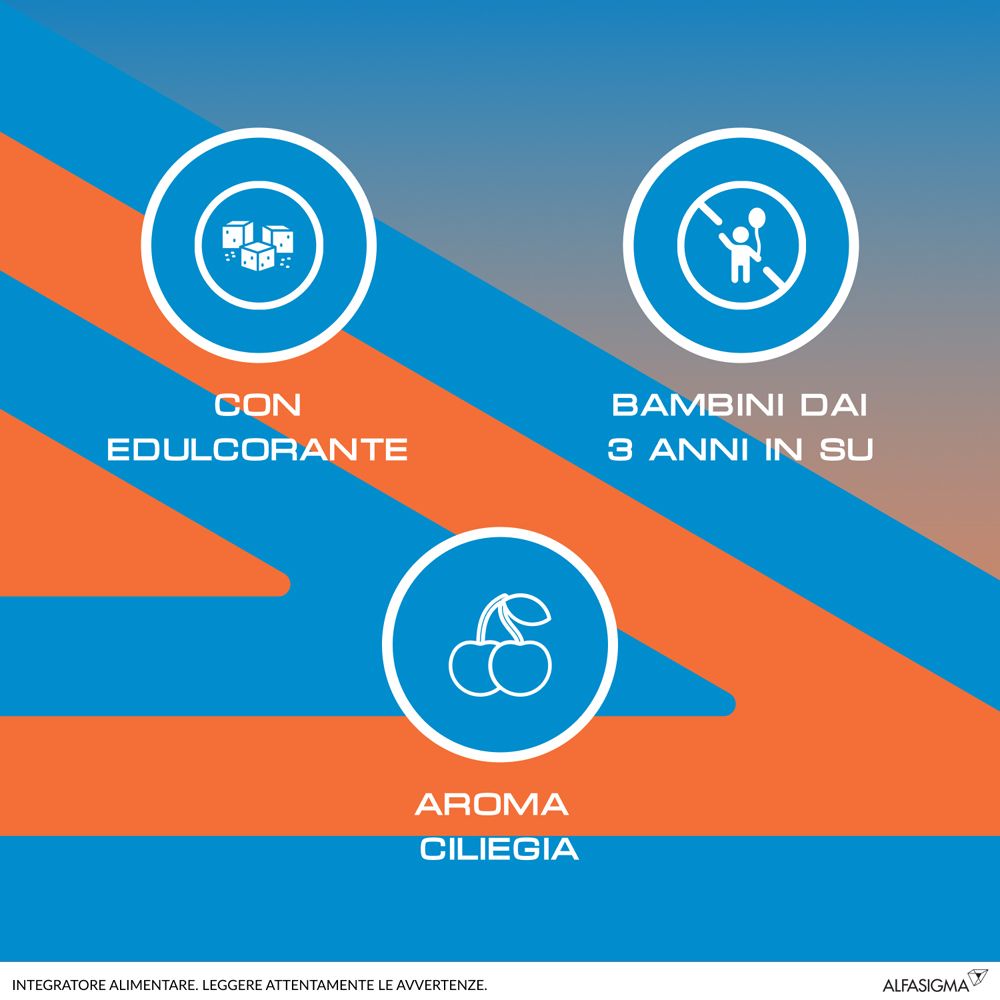 Grafica con simboli. Testo: « Con edulcorante », « Bambini dai 3 anni in su », « Aroma ciliegia ».