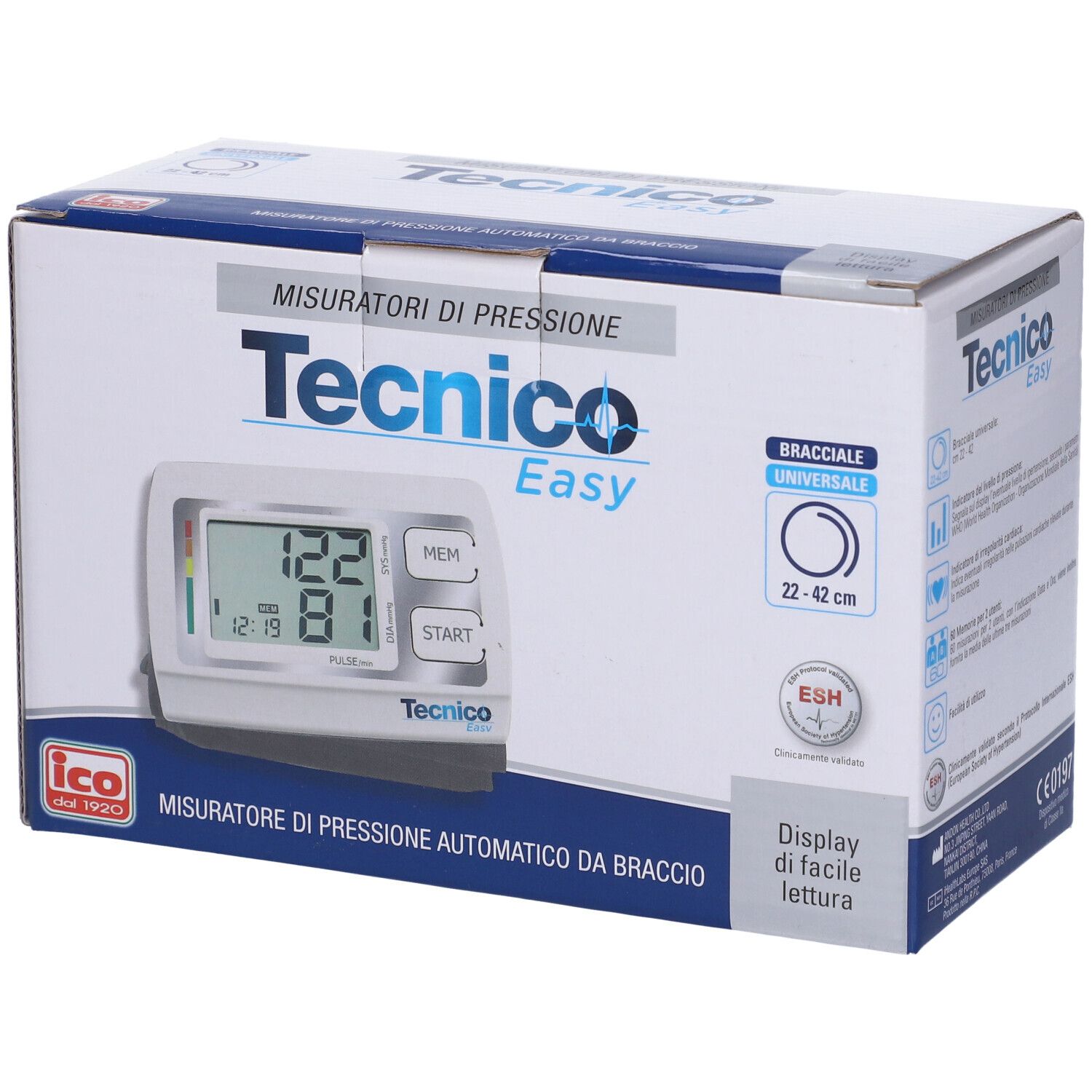 Confezione per misuratore di pressione. Marchio: Tecnico Easy. Contiene il dispositivo, bracciale 22-42 cm. Testo: Misuratori di pressione.