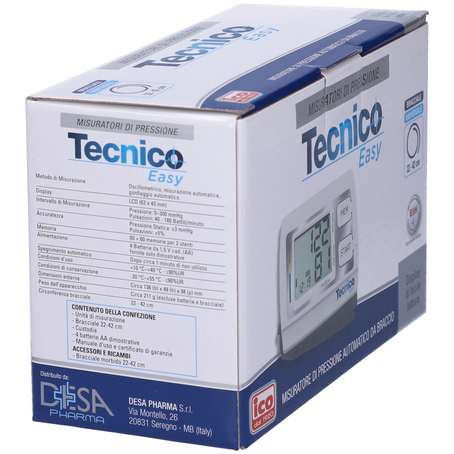 Confezione per misuratore di pressione. Marchio: Tecnico Easy. Contiene dispositivo, bracciale 22-42 cm. Testo: Misuratori di pressione, dettagli.