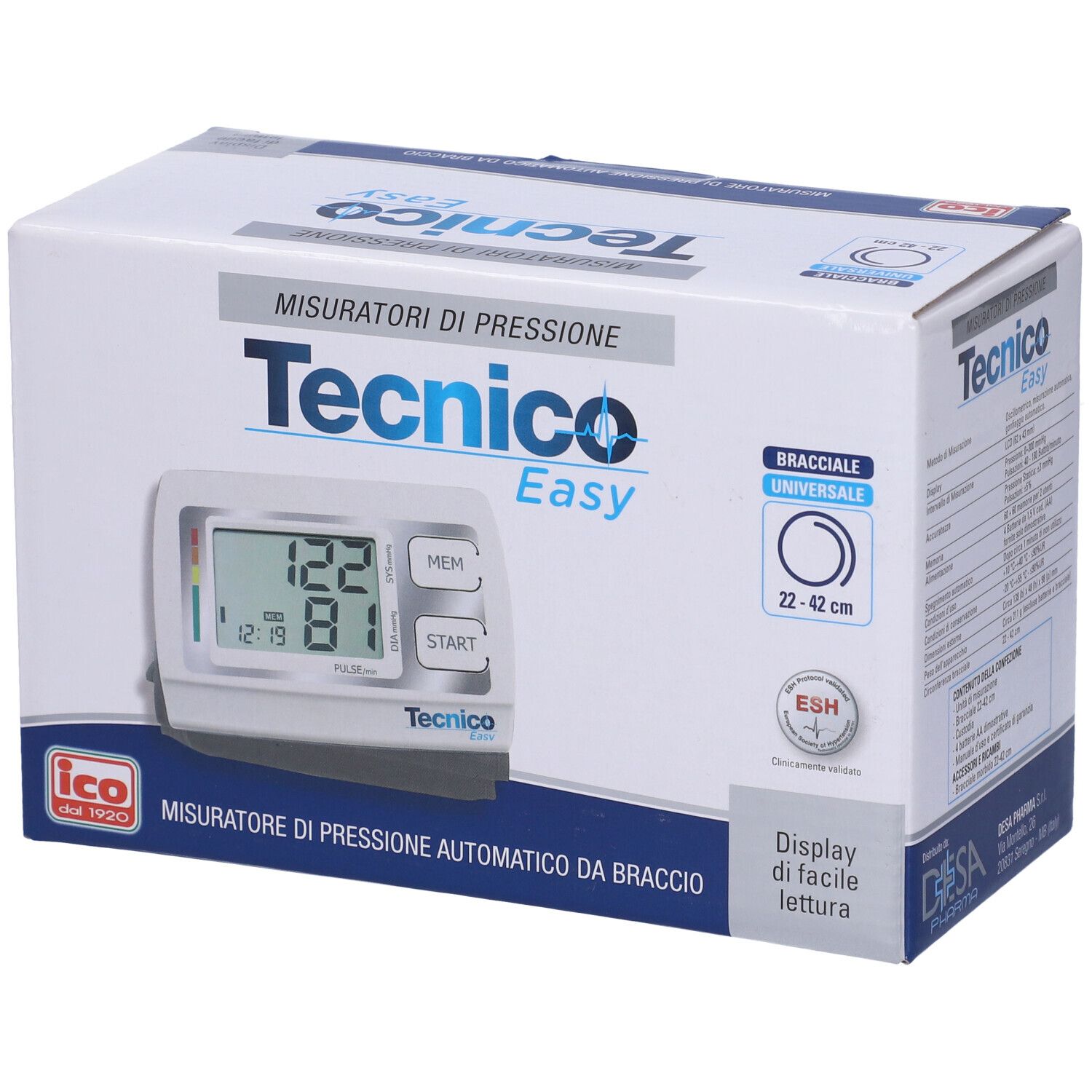 Confezione per misuratore di pressione. Marchio: Tecnico Easy. Contiene dispositivo, bracciale 22-42 cm. Testo: Misuratori di pressione.