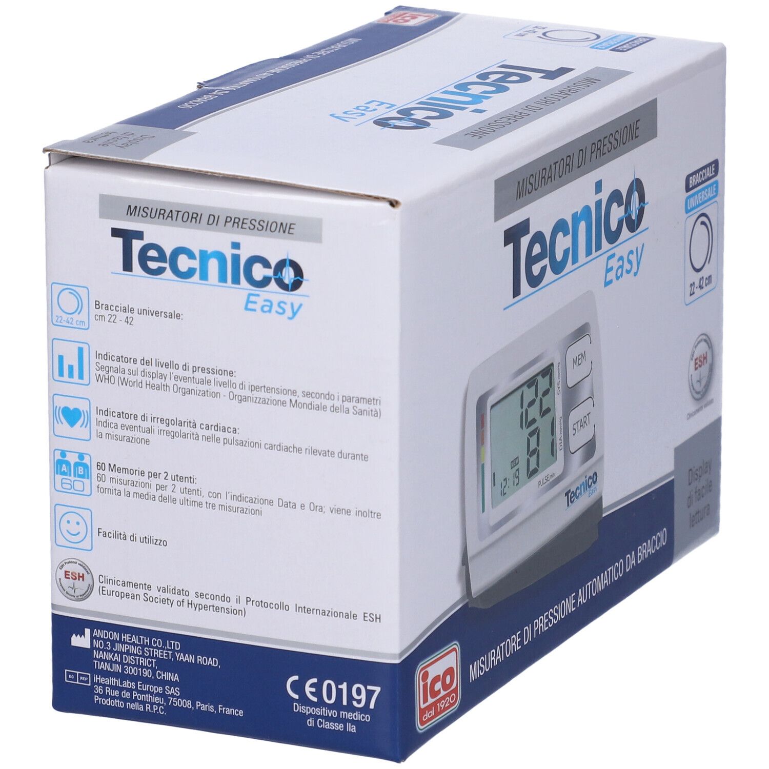 Confezione per misuratore di pressione. Marchio: Tecnico Easy. Contiene dispositivo, bracciale 22-42 cm. Testo: Misuratori di pressione, ESH.