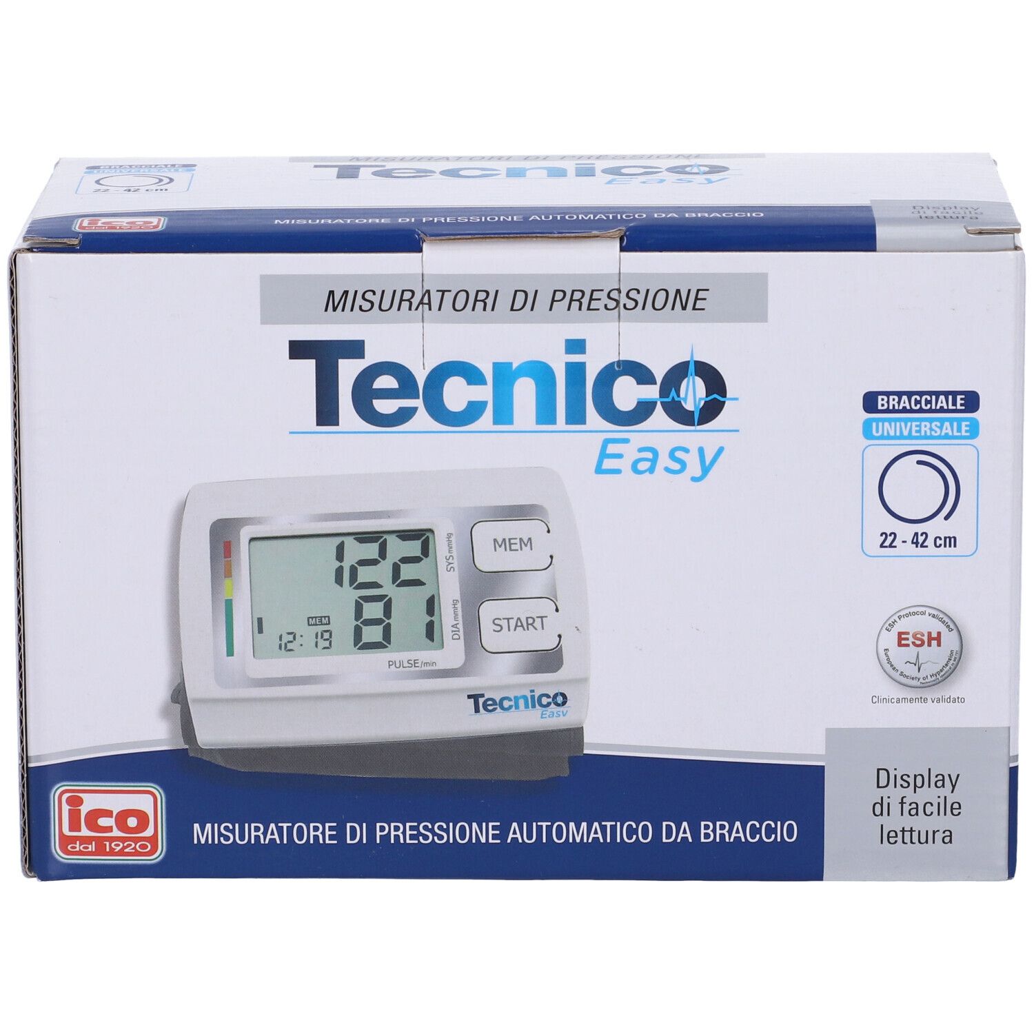 Confezione per misuratore di pressione. Marchio: Tecnico Easy. Contiene dispositivo, bracciale 22-42 cm. Testo: Misuratori di pressione.