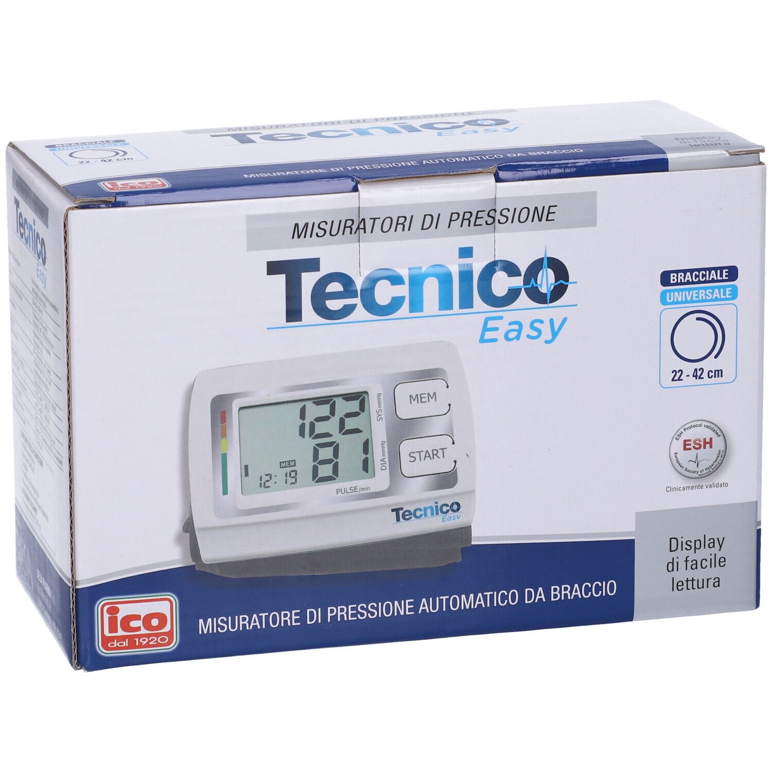 Confezione per misuratore di pressione. Marchio: Tecnico Easy. Contiene dispositivo, bracciale 22-42 cm. Testo: Misuratori di pressione.