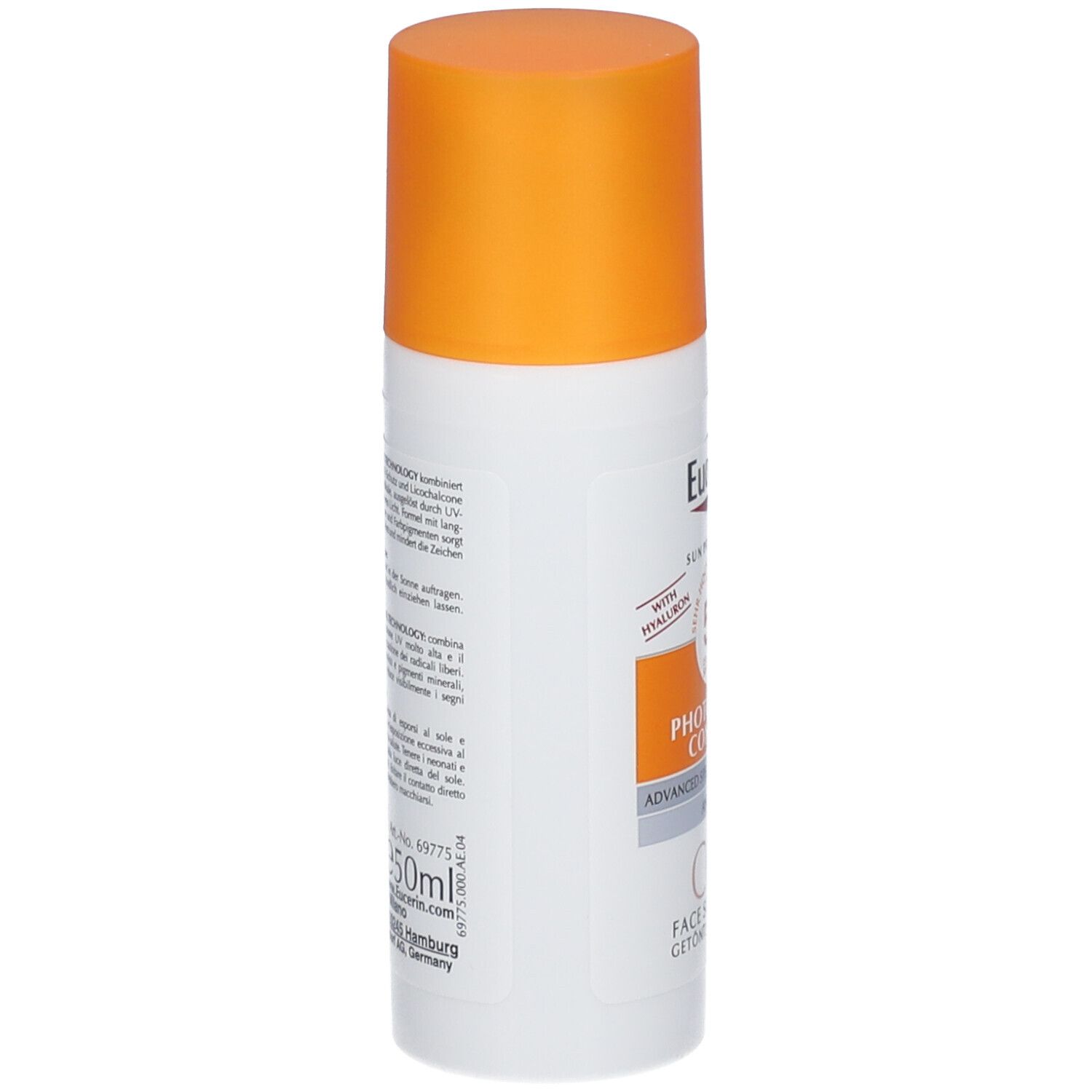 Tubo bianco con tappo arancione. Testo laterale. Eucerin Sun Protection, Photoaging Control.