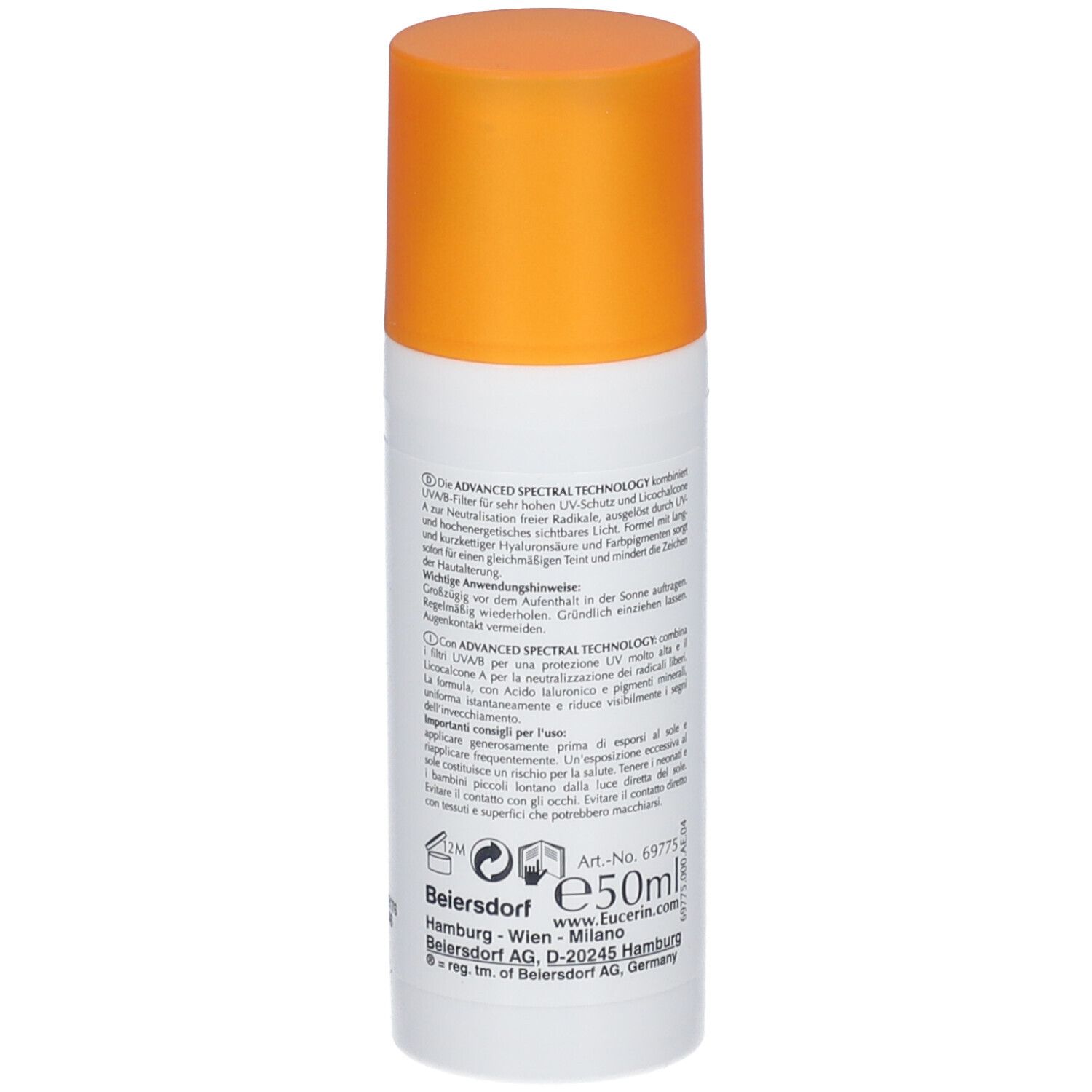 Tubo bianco con tappo arancione. Testo laterale. Eucerin Sun Protection, Photoaging Control.