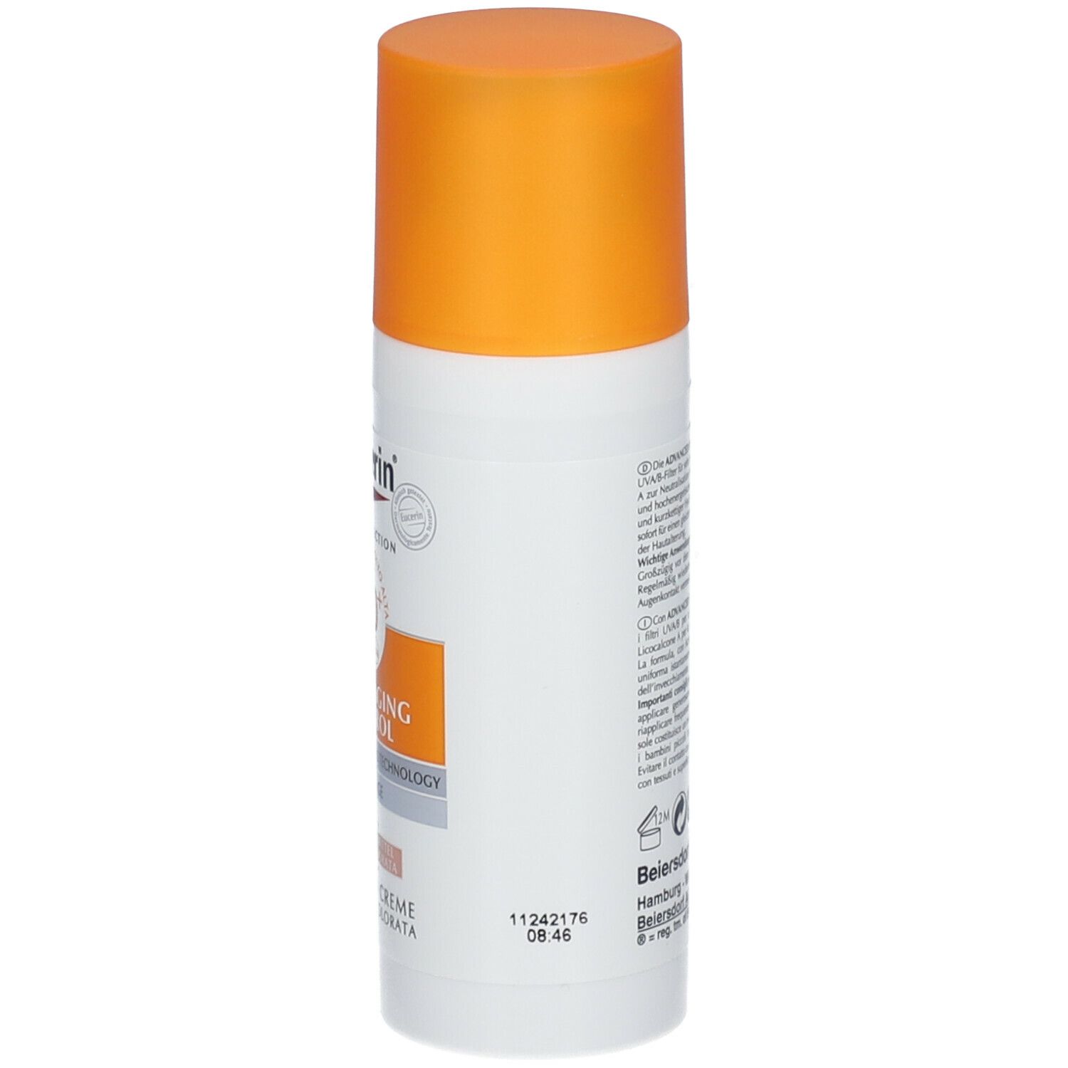 Tubo bianco con tappo arancione. Testo laterale. Eucerin Sun Protection, Photoaging Control.