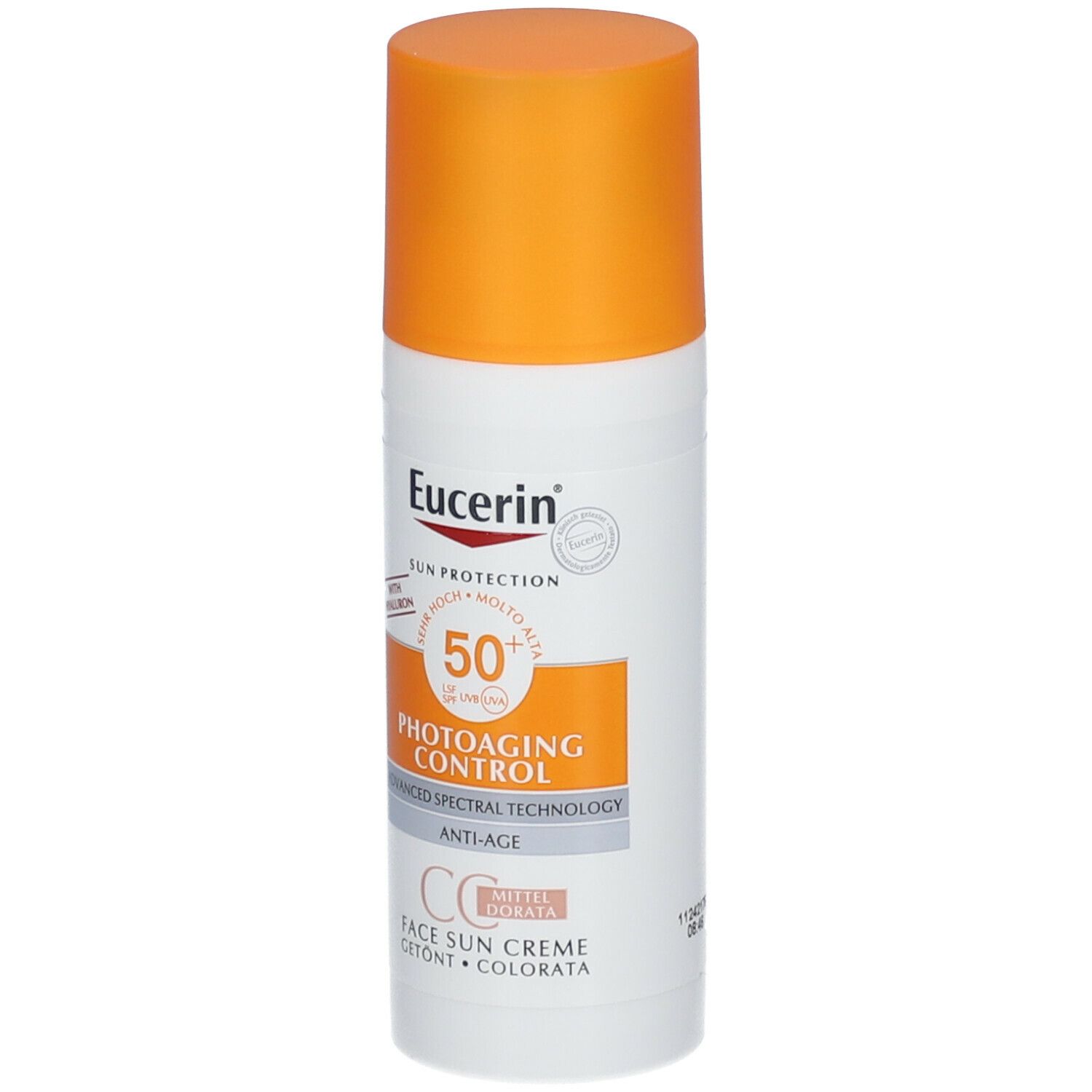 Tubo bianco con tappo arancione. Eucerin Sun Protection, Photoaging Control CC Crema, SPF 50+.