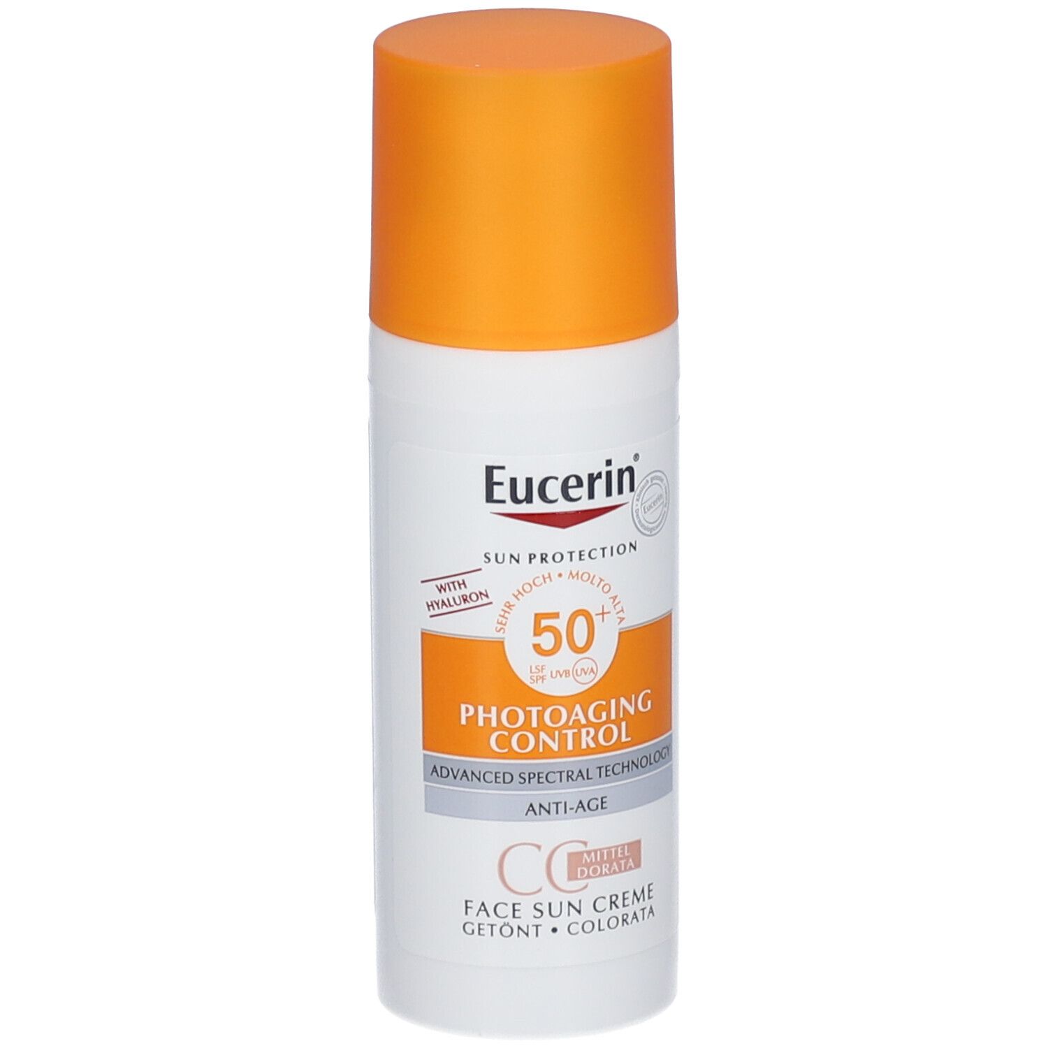 Tubo bianco con tappo arancione. Eucerin Sun Protection, Photoaging Control CC Crema, SPF 50+.