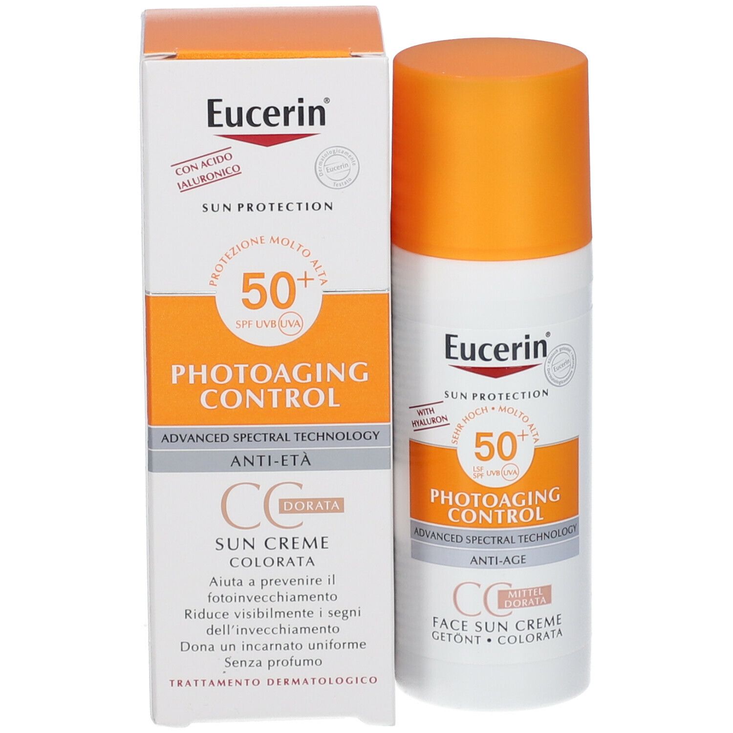 Confezione del prodotto con tubo e scatola. Eucerin Sun Protection, Photoaging Control CC Crema, SPF 50+.
