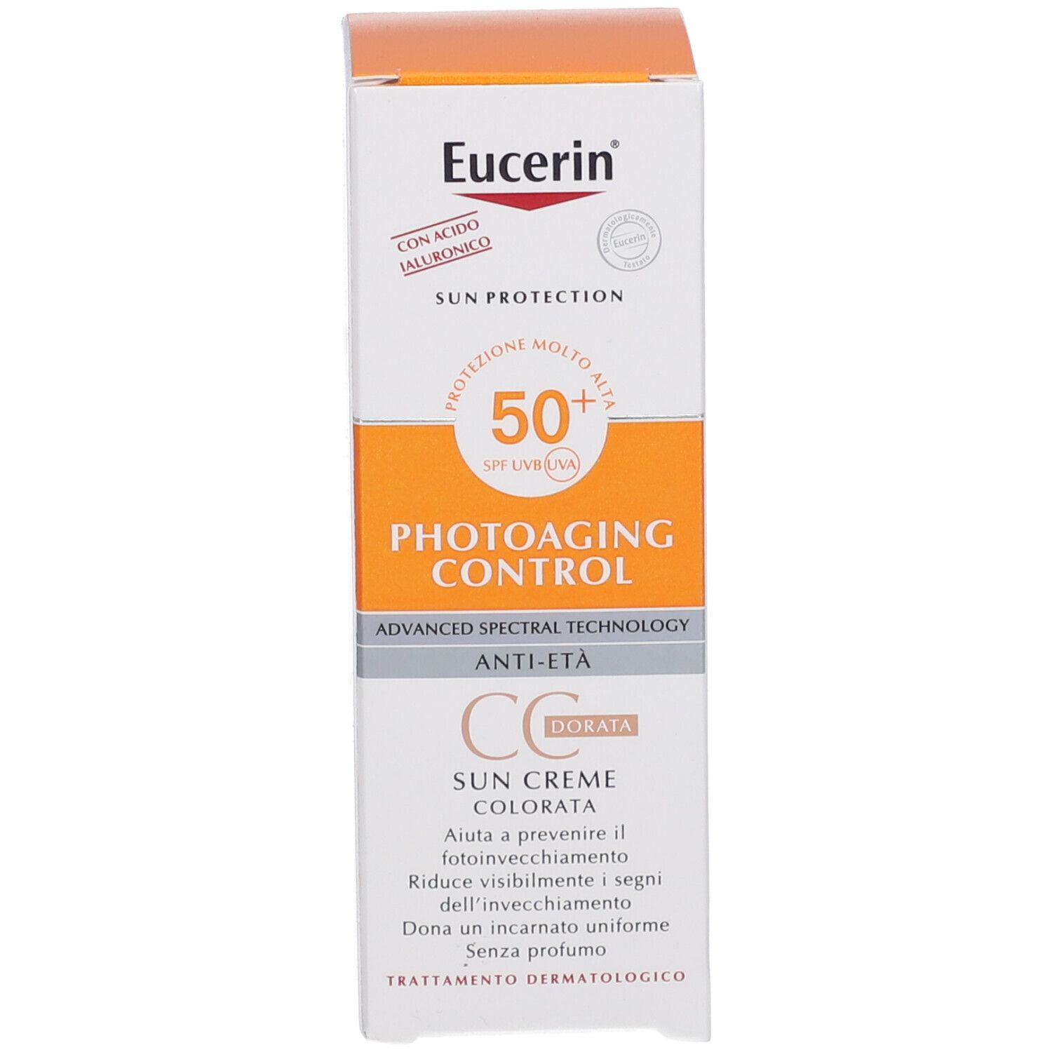 Confezione del prodotto. Eucerin Sun Protection, Photoaging Control CC Crema, SPF 50+.