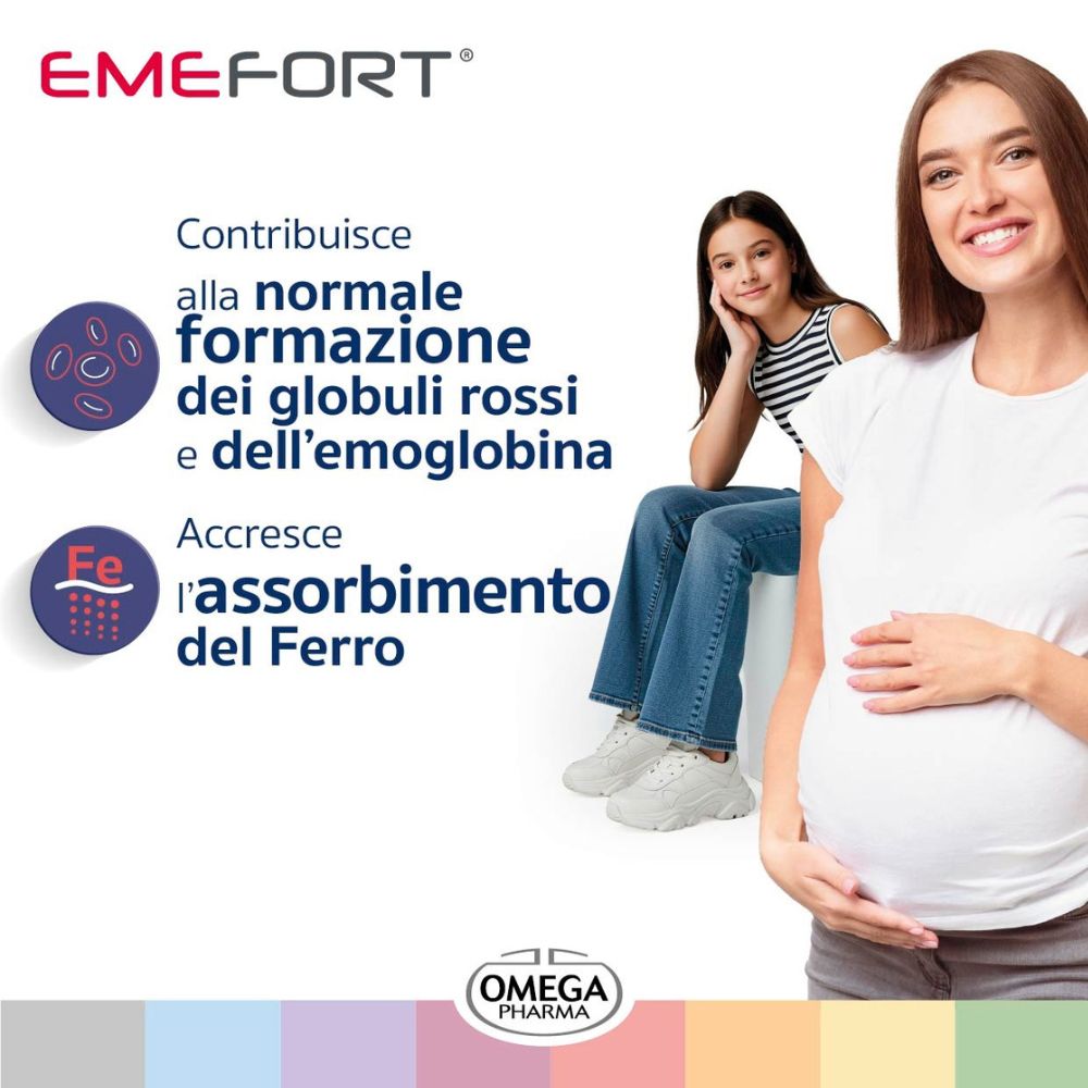 Pubblicità con donna e bambina. Testo: "EMEFORT". Favorisce la formazione dei globuli rossi e l'assorbimento del ferro.