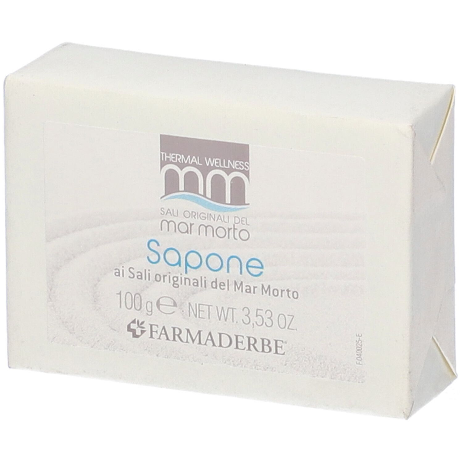 Sapone avvolto in carta bianca. Etichetta con informazioni e logo. Scritta "Sali originali del mar morto".