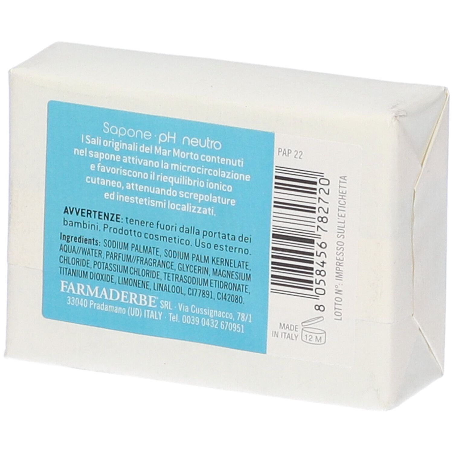 Retro di sapone avvolto in bianco. Etichetta con informazioni e ingredienti.