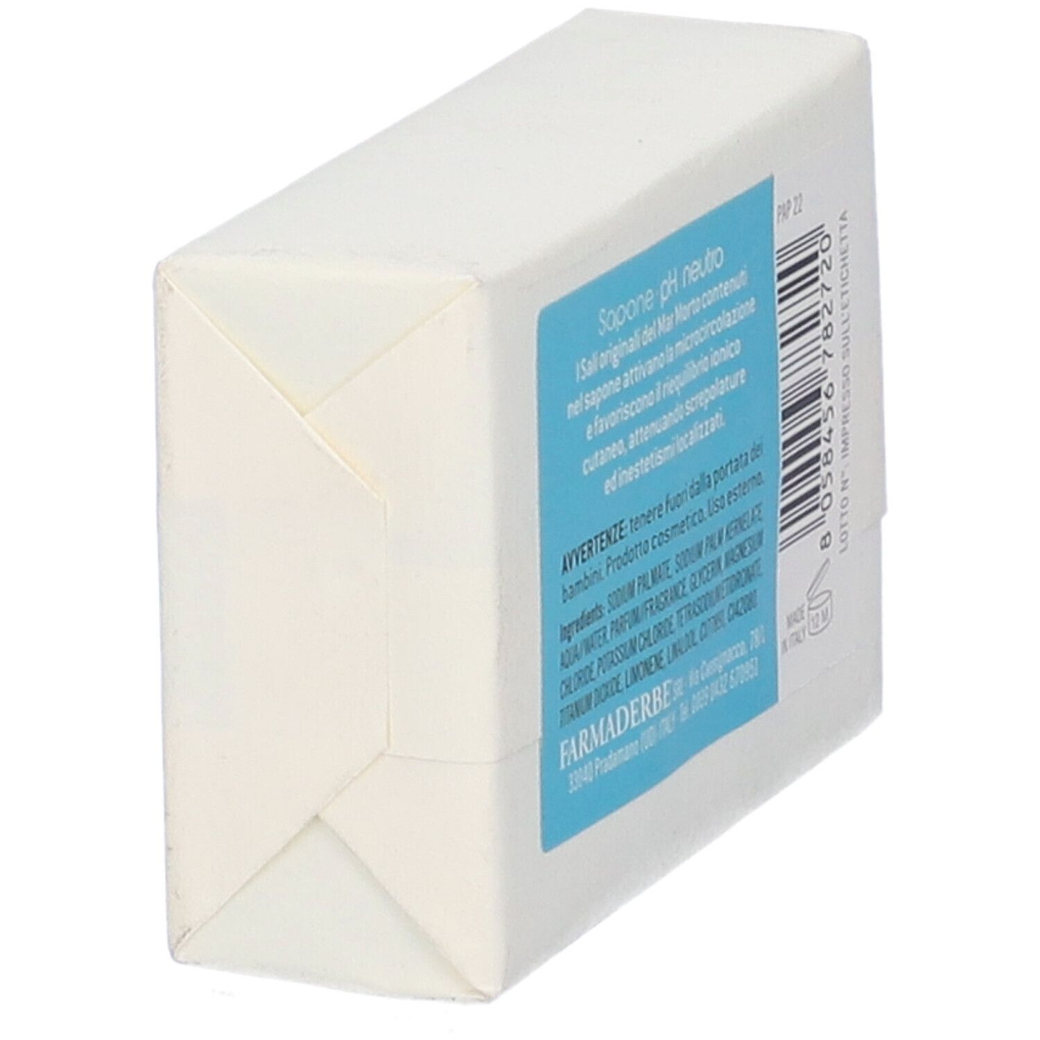 Sapone avvolto in bianco. Etichetta con informazioni e ingredienti.