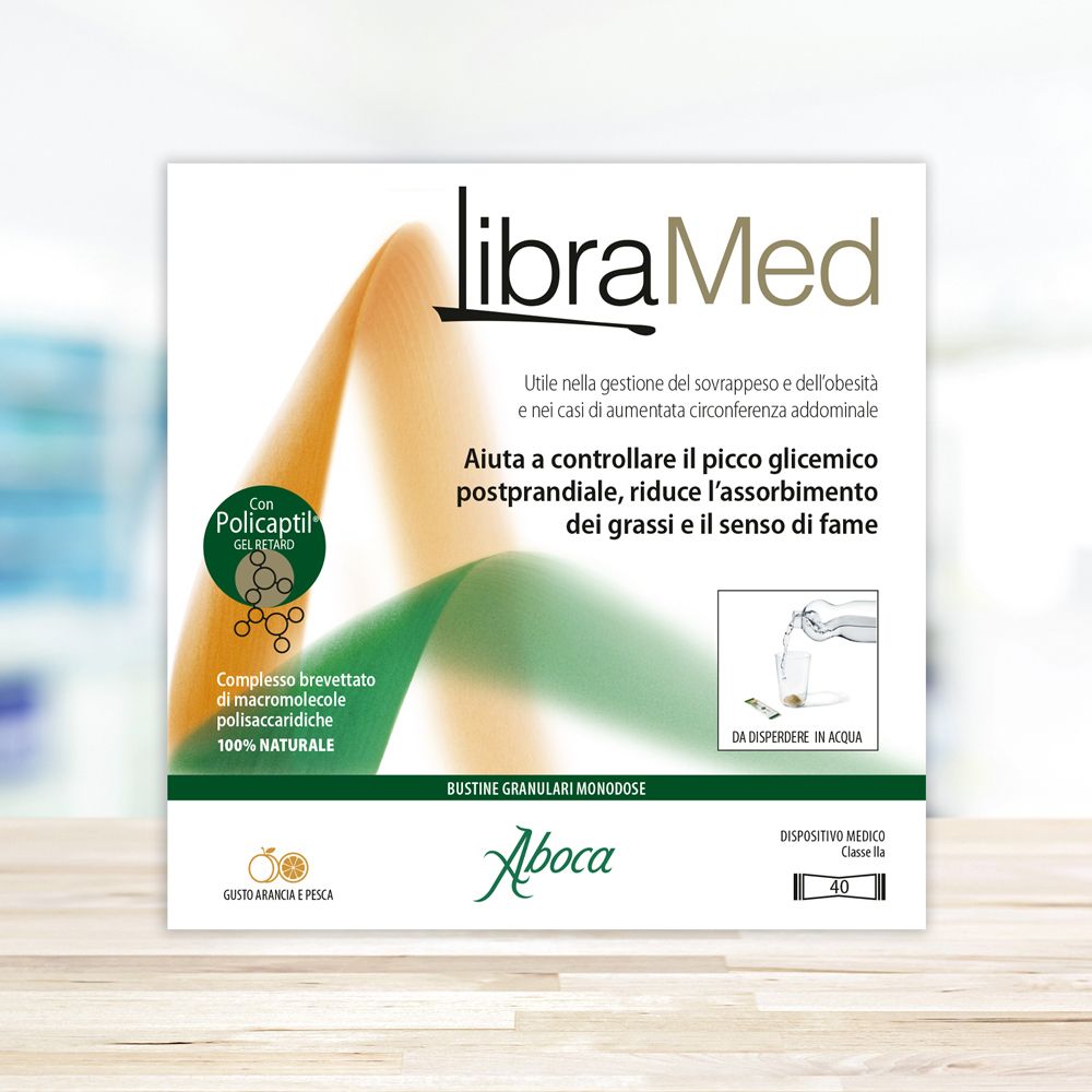 Scatola libraMed. Confezione bianca-arancione-verde con nome e logo del prodotto. Contiene informazioni e logo Aboca.