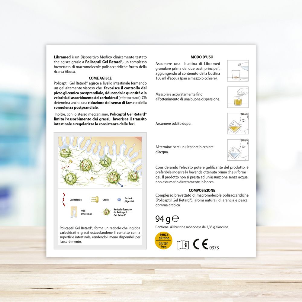 Retro della confezione libraMed. Contiene informazioni su uso, ingredienti e marchio CE.