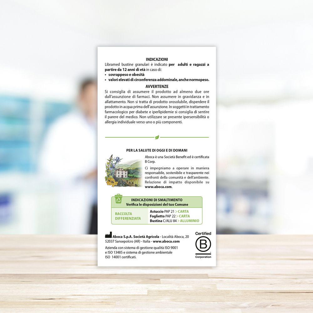 Scatola libraMed. Confezione bianca-arancione-verde con nome e logo del prodotto. Contiene informazioni e logo Aboca.
