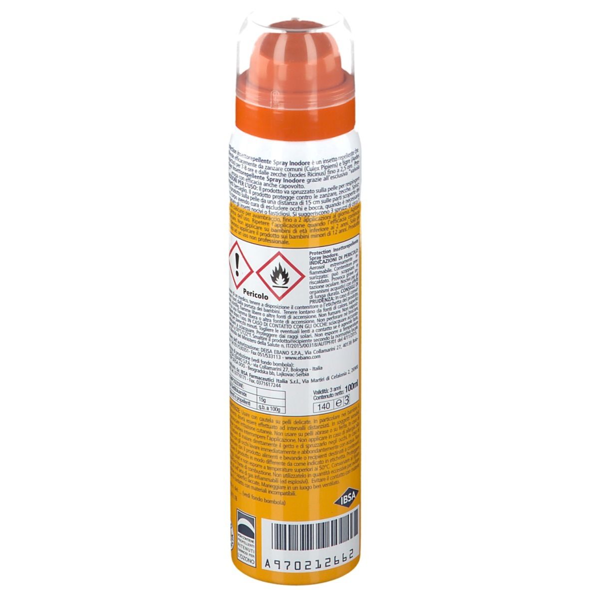 Spray ZCare Protection. Flacone giallo con erogatore arancione. Testo e avvertenze sul retro. Codice a barre.