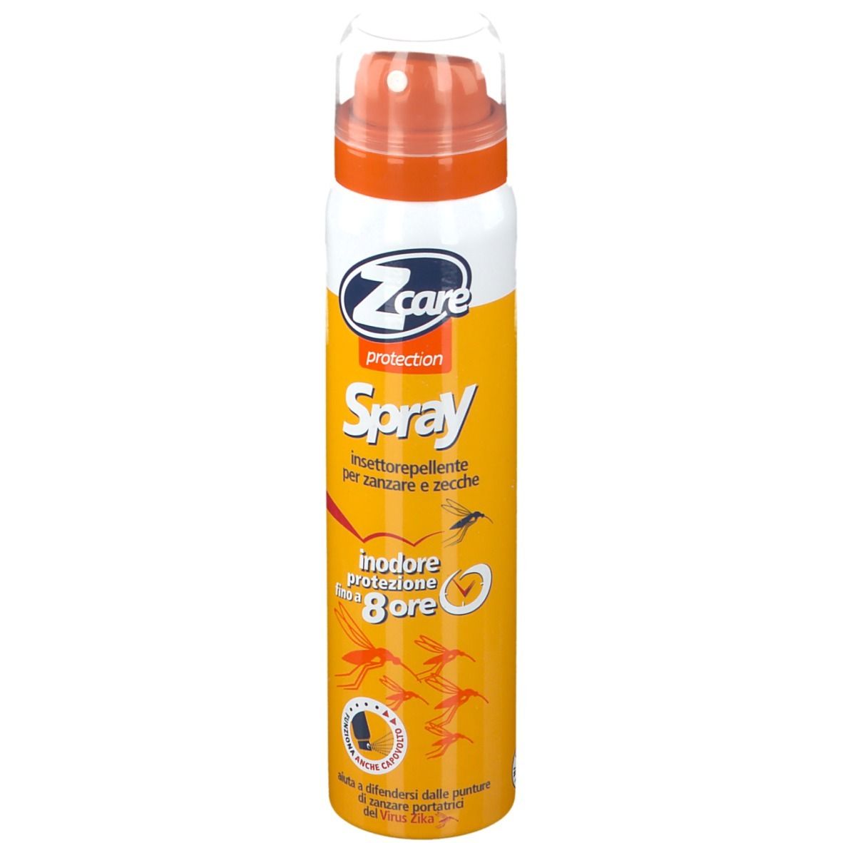 Spray ZCare Protection. Flacone giallo con erogatore arancione. Testo: Repellente. Protezione fino a 8 ore.