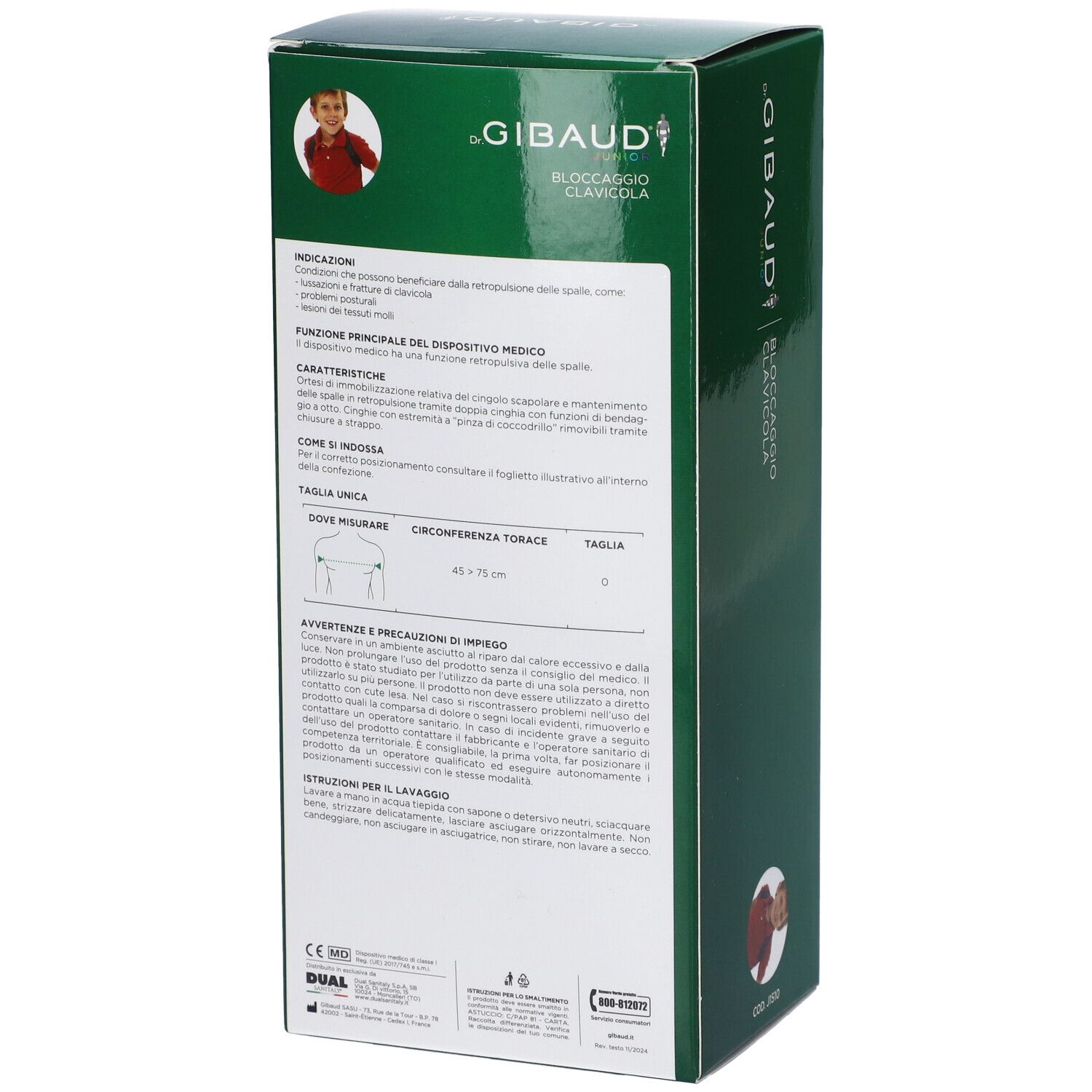 Retro della confezione Dr. Gibaud Junior Bloccaggio Clavicola con informazioni mediche e marchio CE.