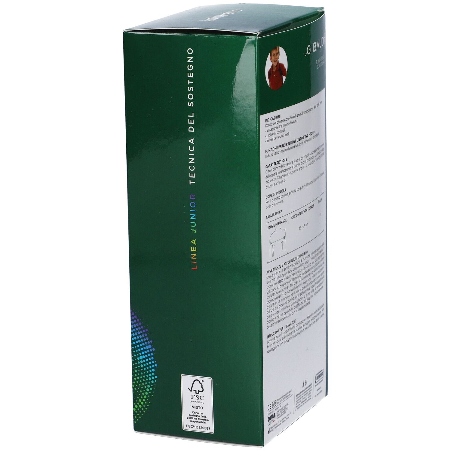 Lato della confezione Dr. Gibaud Junior Bloccaggio Clavicola con testo 'Linea Junior Tecnica del Sostegno' e logo FSC.