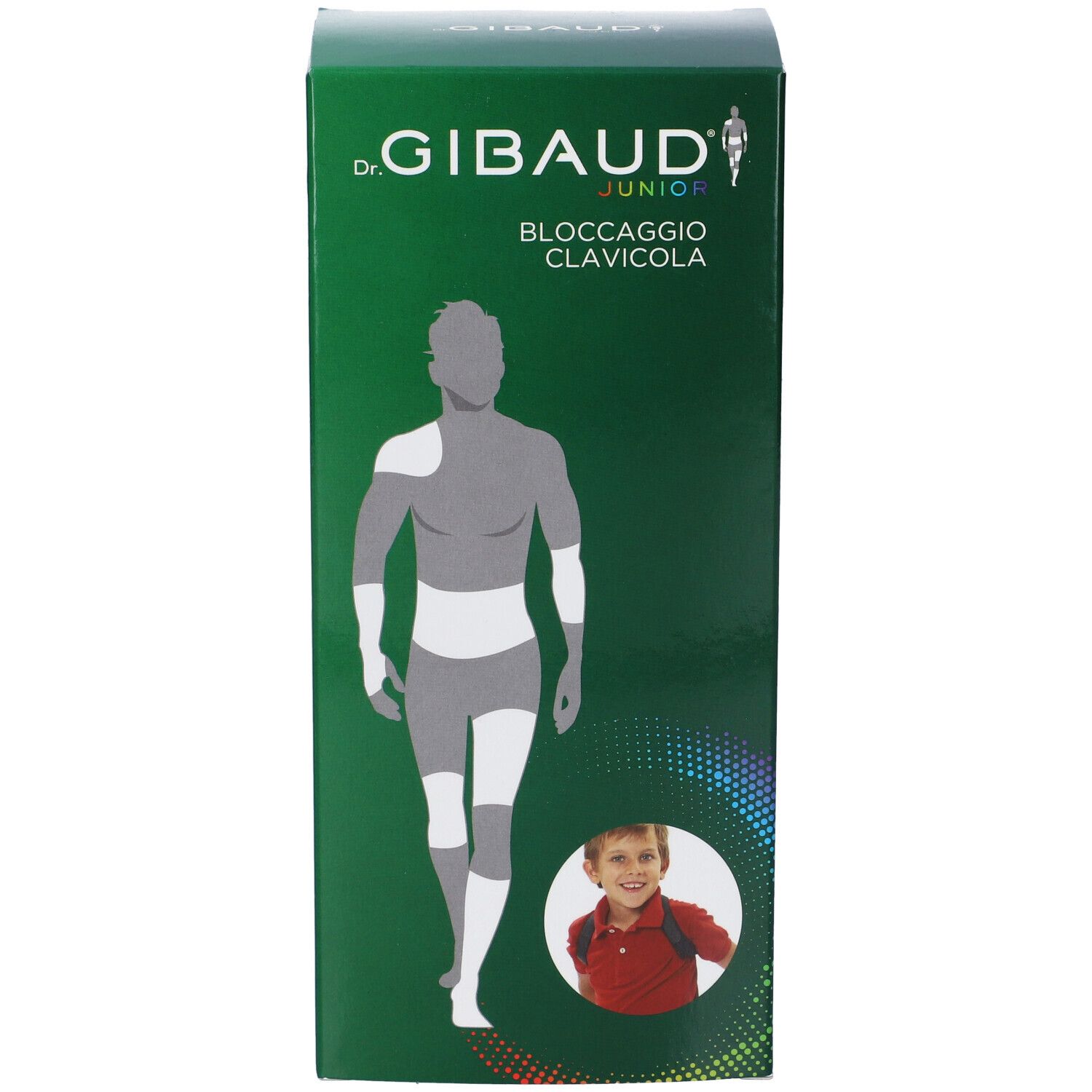 Dr. Gibaud Junior Bloccaggio Clavicola: Confezione verde con illustrazione del busto e di un bambino.