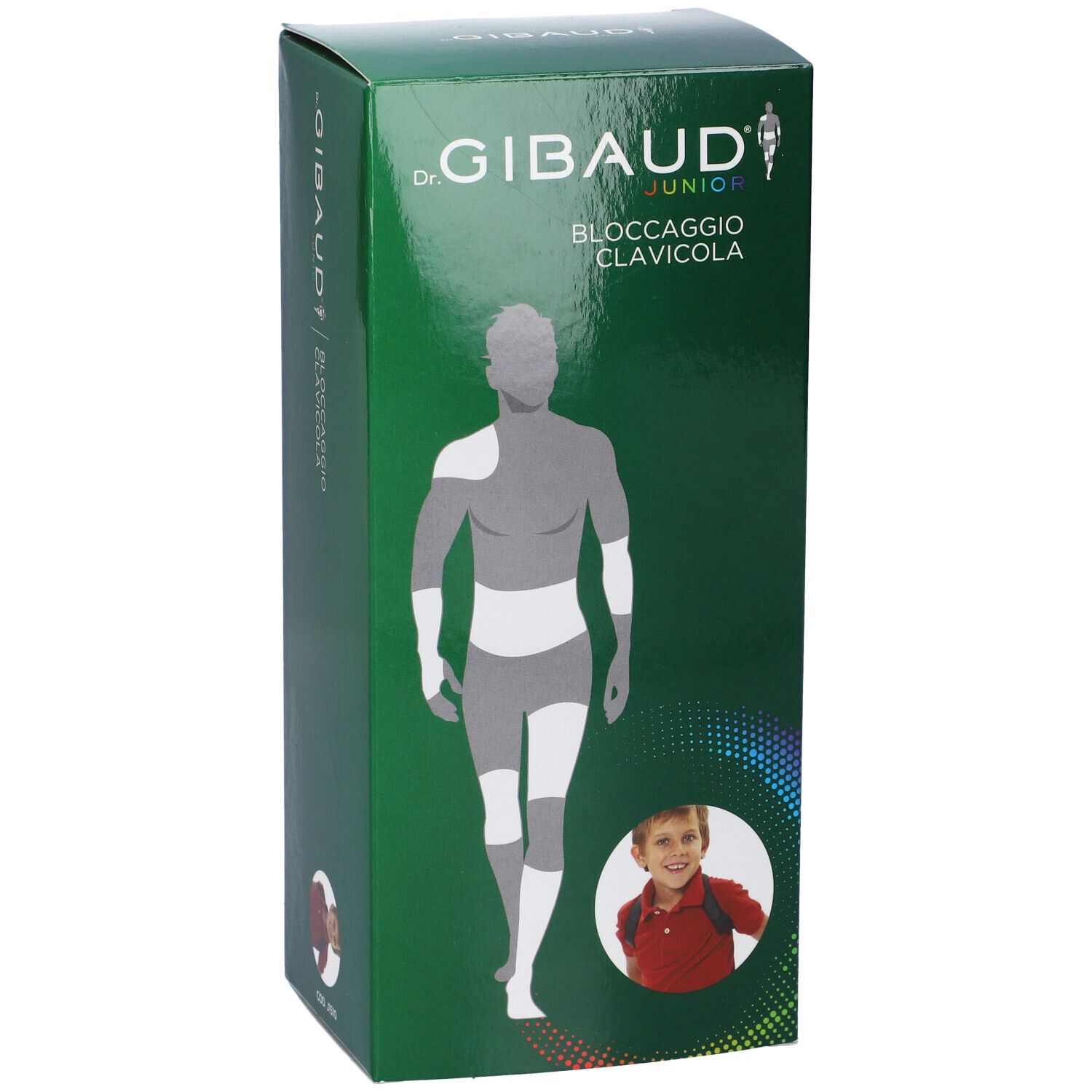 Dr. Gibaud Junior Bloccaggio Clavicola: Confezione verde con illustrazione del busto e di un bambino.