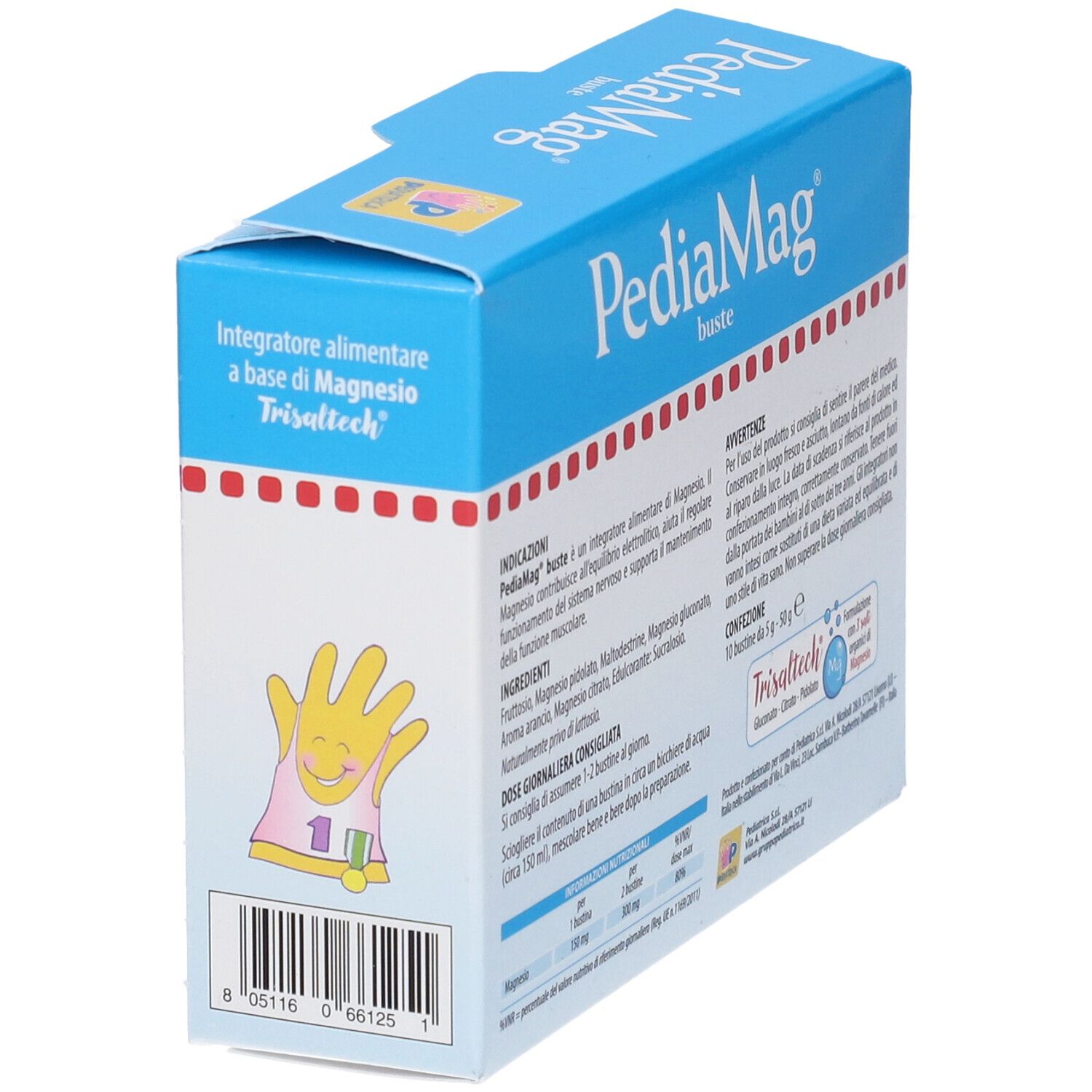 Scatola PediaMag, in diagonale. Logo e testo: Integratore alimentare a base di Magnesio Trisaltech. Codice a barre e testo laterale.