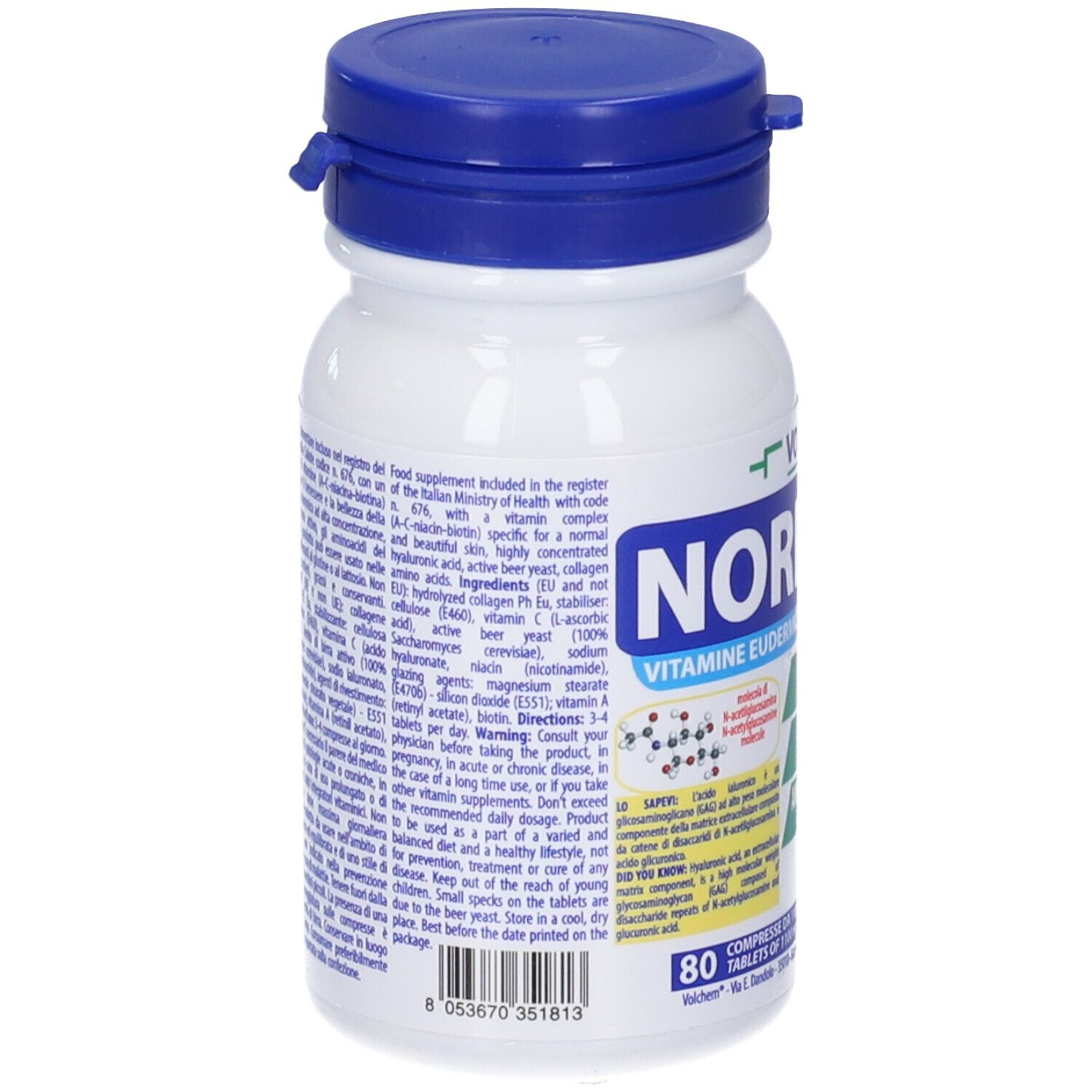 Flacone bianco, tappo blu. Retro con testo. Scritta: NORINCOL, Vitamine Eudermiche. 80 compresse.