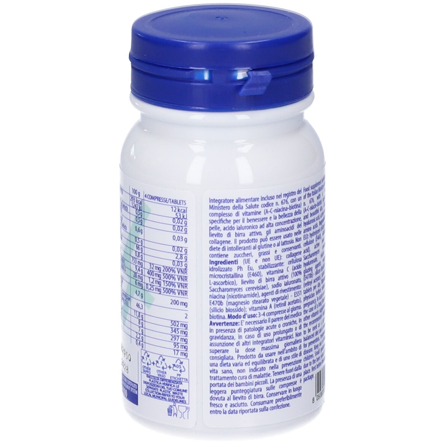 Flacone bianco, tappo blu. Retro con informazioni nutrizionali. 80 compresse.