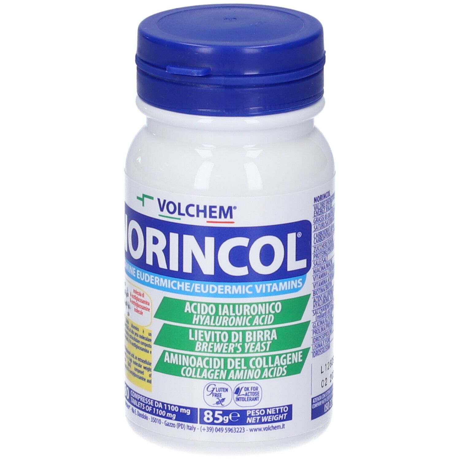 Flacone bianco, tappo blu. Scritta: NORINCOL, vitamine, acido ialuronico, lievito di birra, aminoacidi del collagene. 80 compresse.
