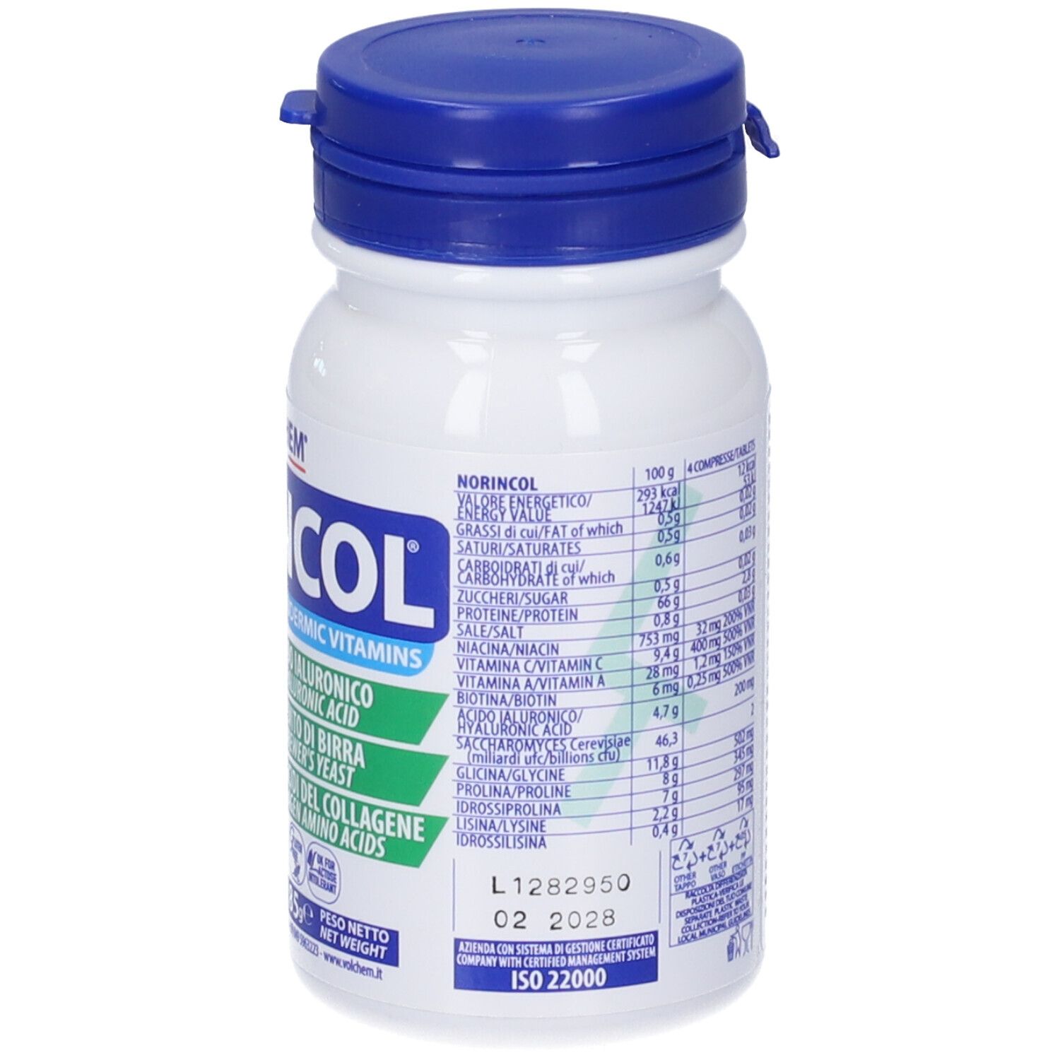 Flacone bianco, tappo blu. Retro con informazioni nutrizionali e testo. 80 compresse.